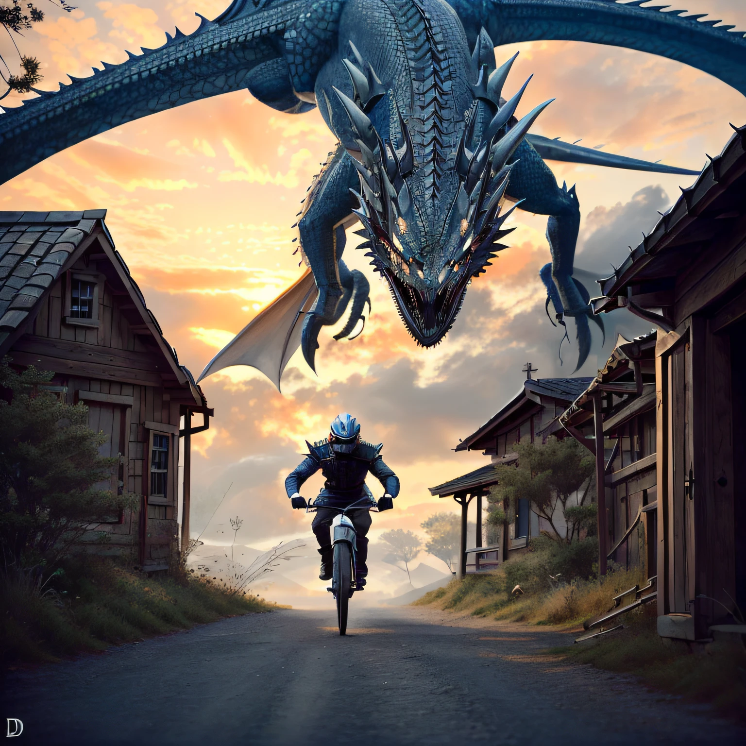 Imagem de um homem andando de bicicleta por uma estrada, Fleeing from a dragon flying over, Drogon, Viserion, Rhaegal, realistic fantasy rendering, dragon in the background, Hiper-realista D & d fantasy art, dragon flying in the background, aventura render hiper realista, 3 d epic illustrations, flying dragon with knight, Alexguerra3 riding a dragon, realistic fantasy illustration, bem iluminado, sharped image, rosto perfeito