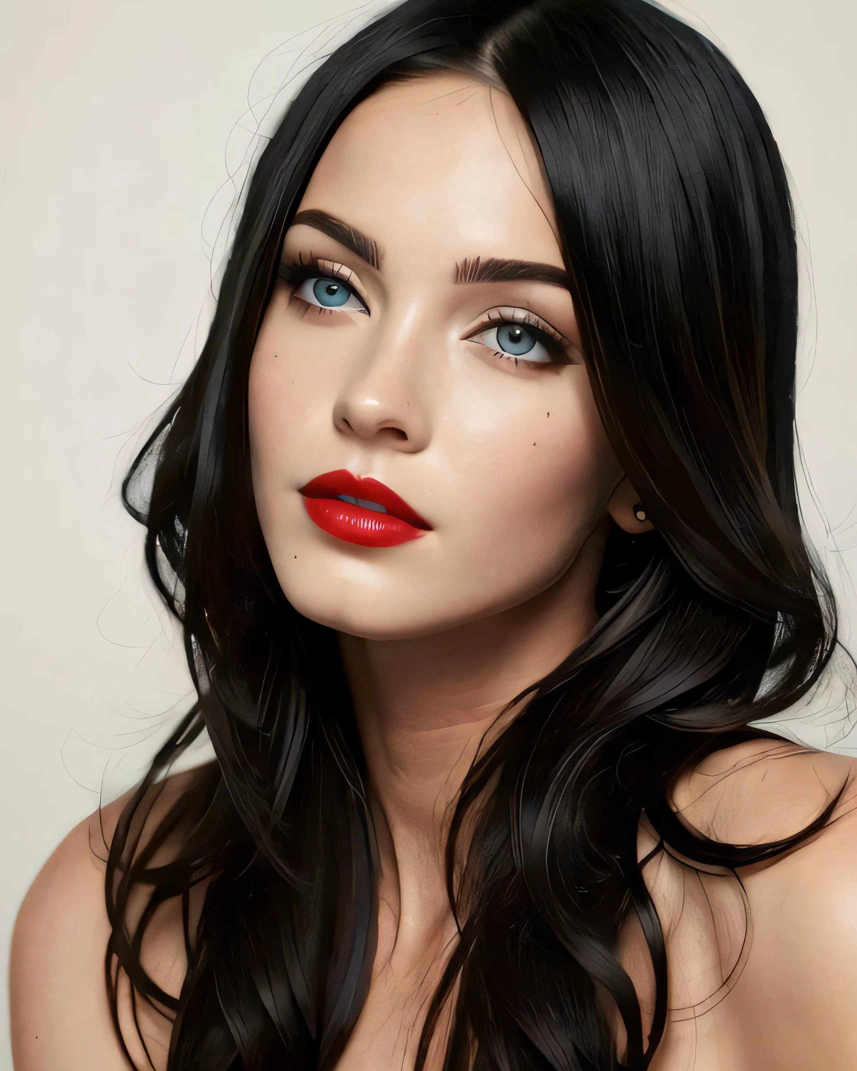 best quality, high quality, masterpiece,Megan, 1girl, solo, long hair, blue eyes, nose, looking at viewer, off shoulder, black hair, mole, upper body, lips, makeup, realistic, red lips, realistic,