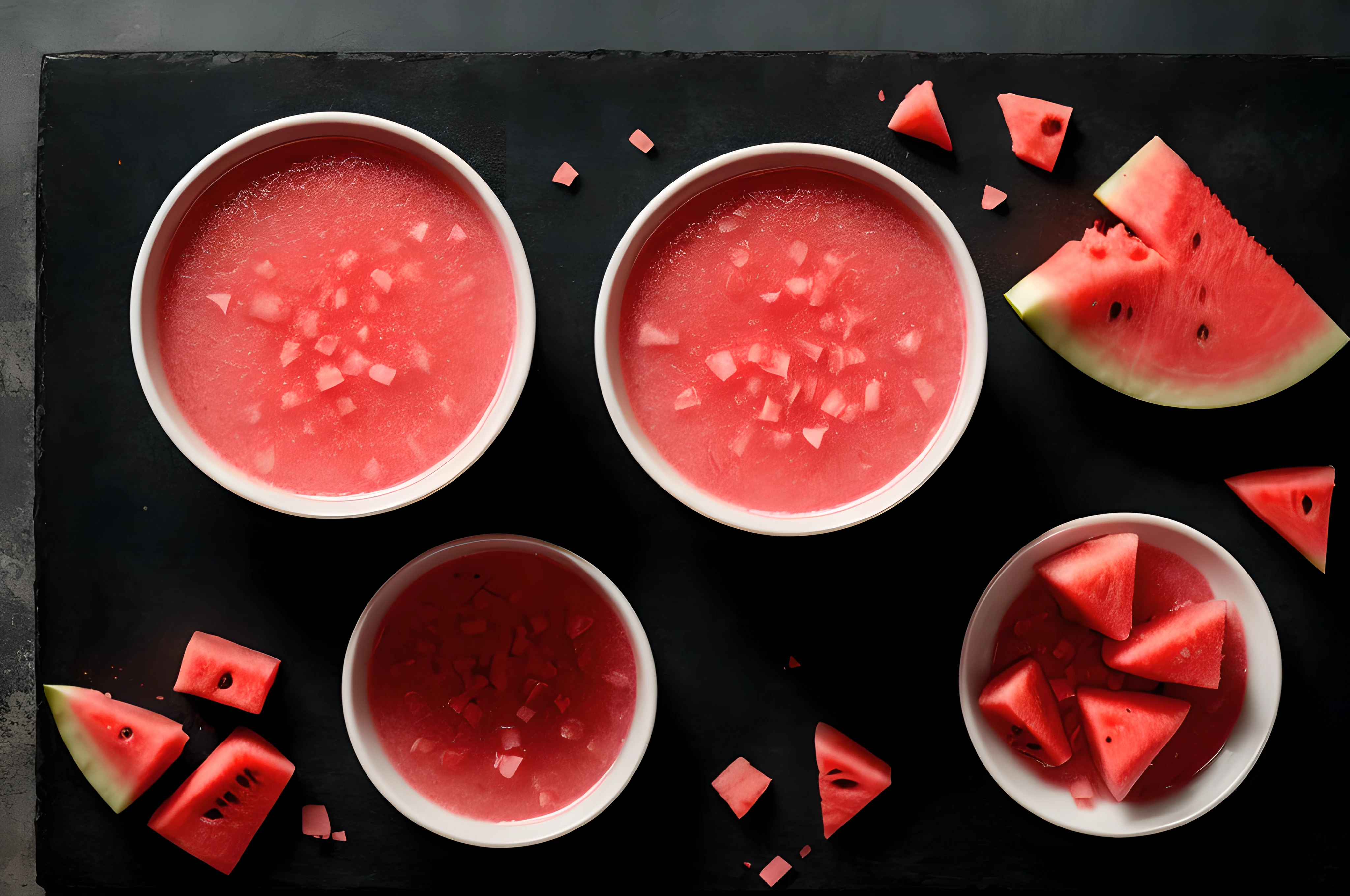watermelon juice, front view, scattered pieces of watermelon, cinematic image, isolated black background