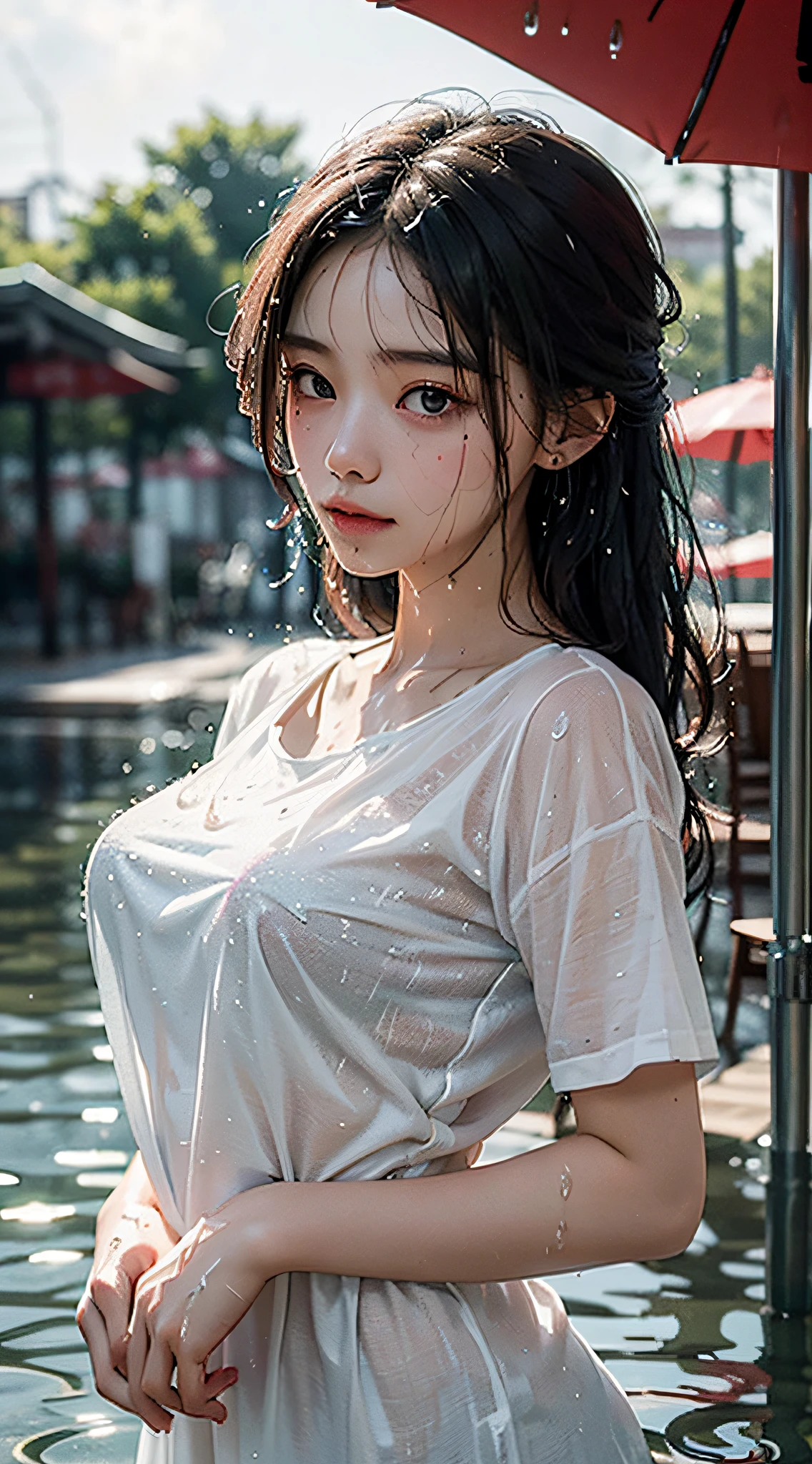 Water drips on the girl after the rain,day after raining,She stood in the rain,Soaked body,Beautiful girl on blurred background covered by water droplets。