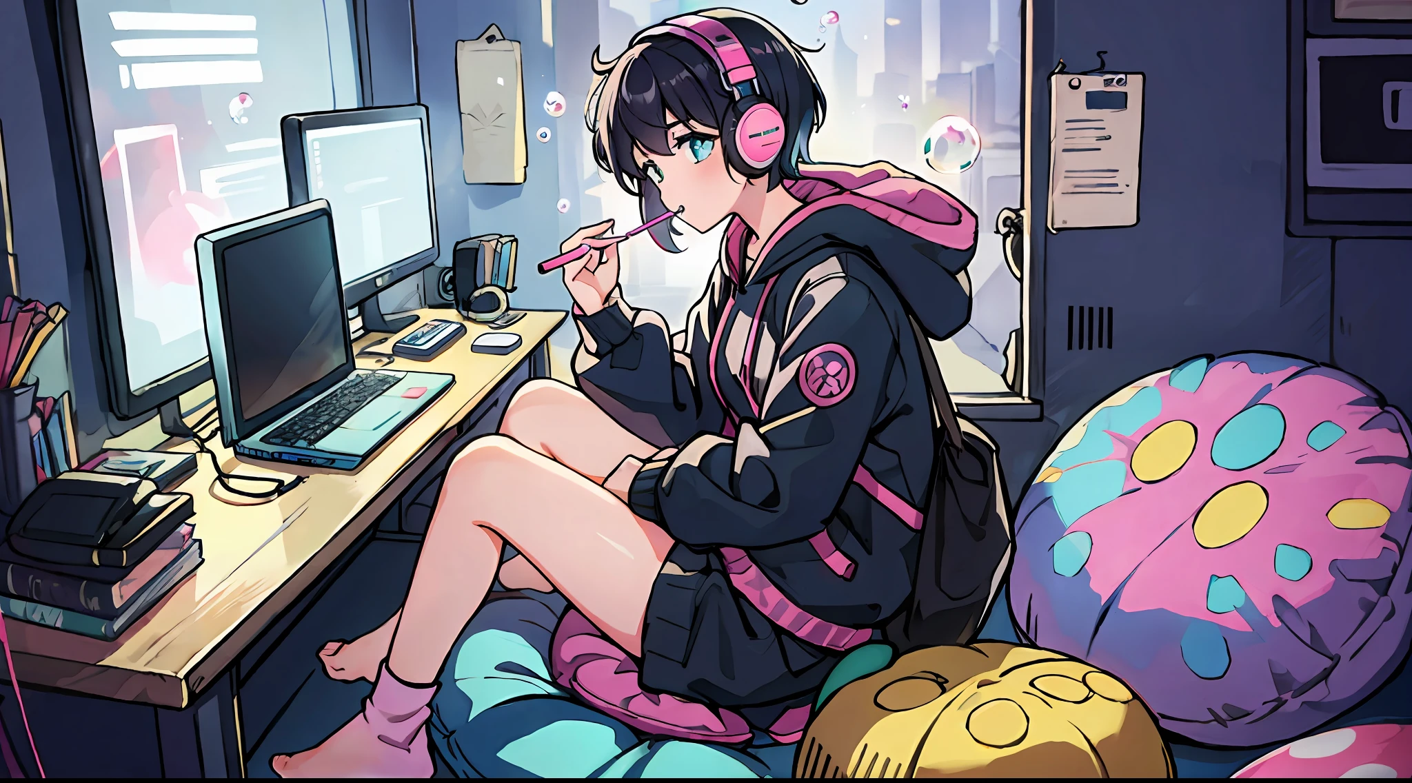 linear art, 
1girl in, Solo, Short hair, Black hair, Long sleeves, Sitting, Barefoot, Indoors, hoods, Bare legs, phone, The table, knees up, desk work, Fish, Bubble, under the water, Air bubble,((​masterpiece)), ((top-quality)), ((hight resolution)), 1girl in, 独奏, unbelievable Ridiculous, parka, headphones, Neon lighting, blowing bubblegum on mouth, Hood Up, Seen from the side, (full body Esbian), Matching socks, Matching sneakers, Pink and black hair, Working with a laptop, sitting on, Bean Bag Cushion Seat, Widescreen TV Monitor, Munching on snacks, underground room, Japan Pocky Snacks, Cluttered rooms, Video game consoles, Internet,lofi-girl
