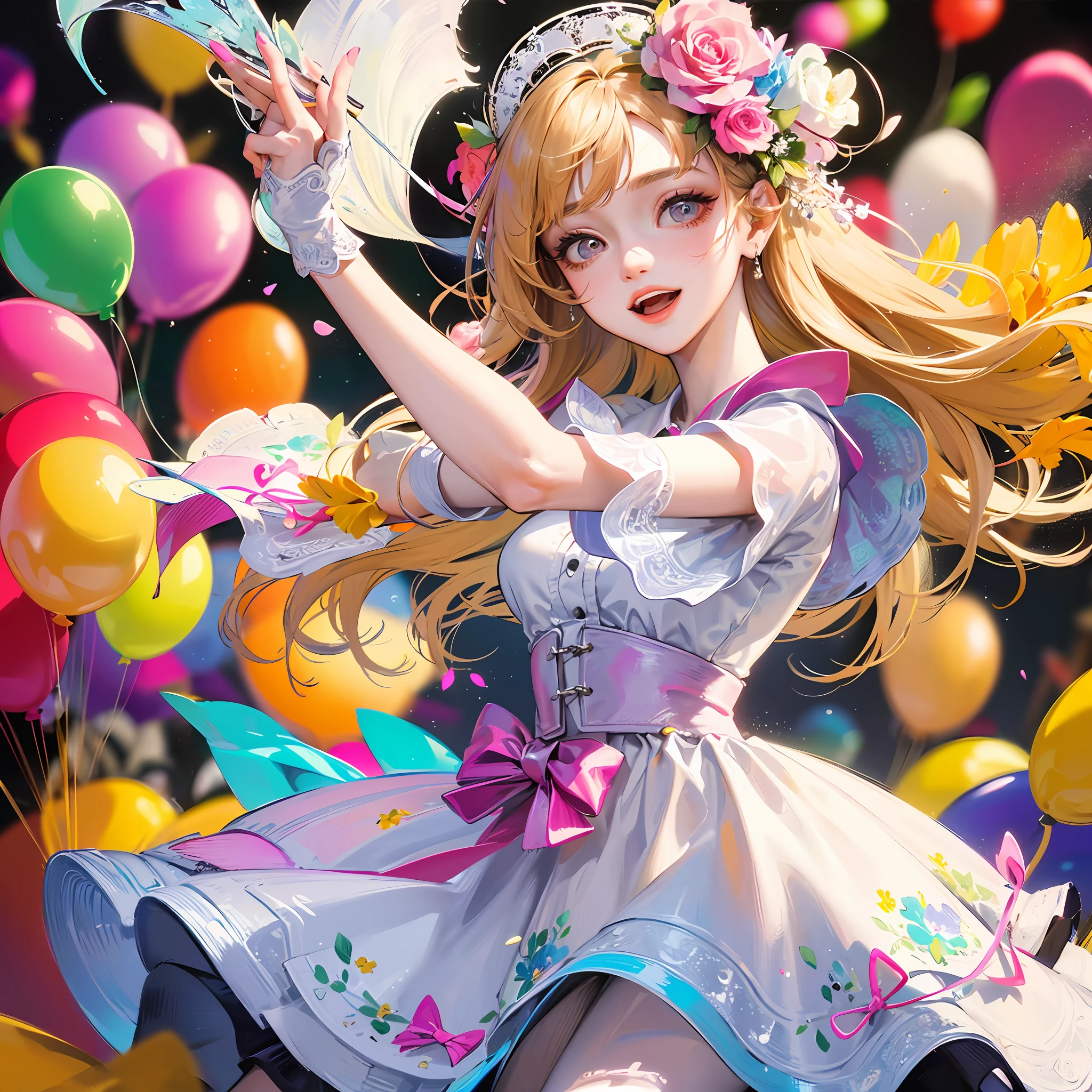 A girl holding flowers, colorful balloons floating in the sky, meadow, dancing, holding flowers, happy, happy, perfect quality, clear focus (clutter-home: 0.8), (masterpiece: 1.2) (Realistic: 1.2) (Bokeh) (Best quality) (Detailed skin: 1.3) (Intricate details) (8K) (Detail Eyes) (Sharp Focus), (Happy) --auto