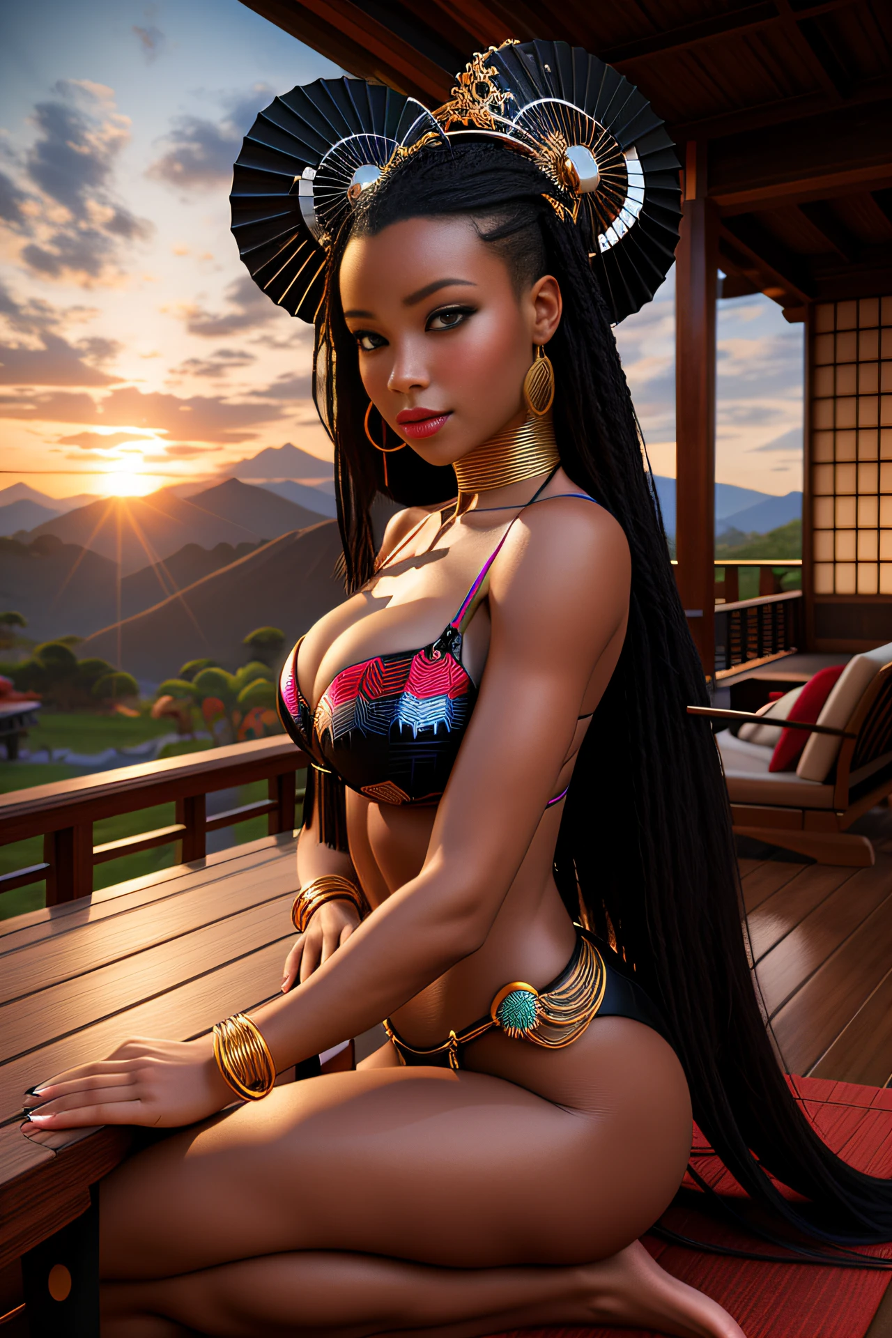 araffe woman in a bikini sitting on a deck with a fan, dark skin female goddess of love, stunning african princess, epic 3 d oshun, a beautiful fantasy empress, african queen, beautiful goddess, pretty samurai with afro, black african princess, african princess, japanese goddess, a stunning portrait of a goddess, portrait shot, alena aenami and android jones