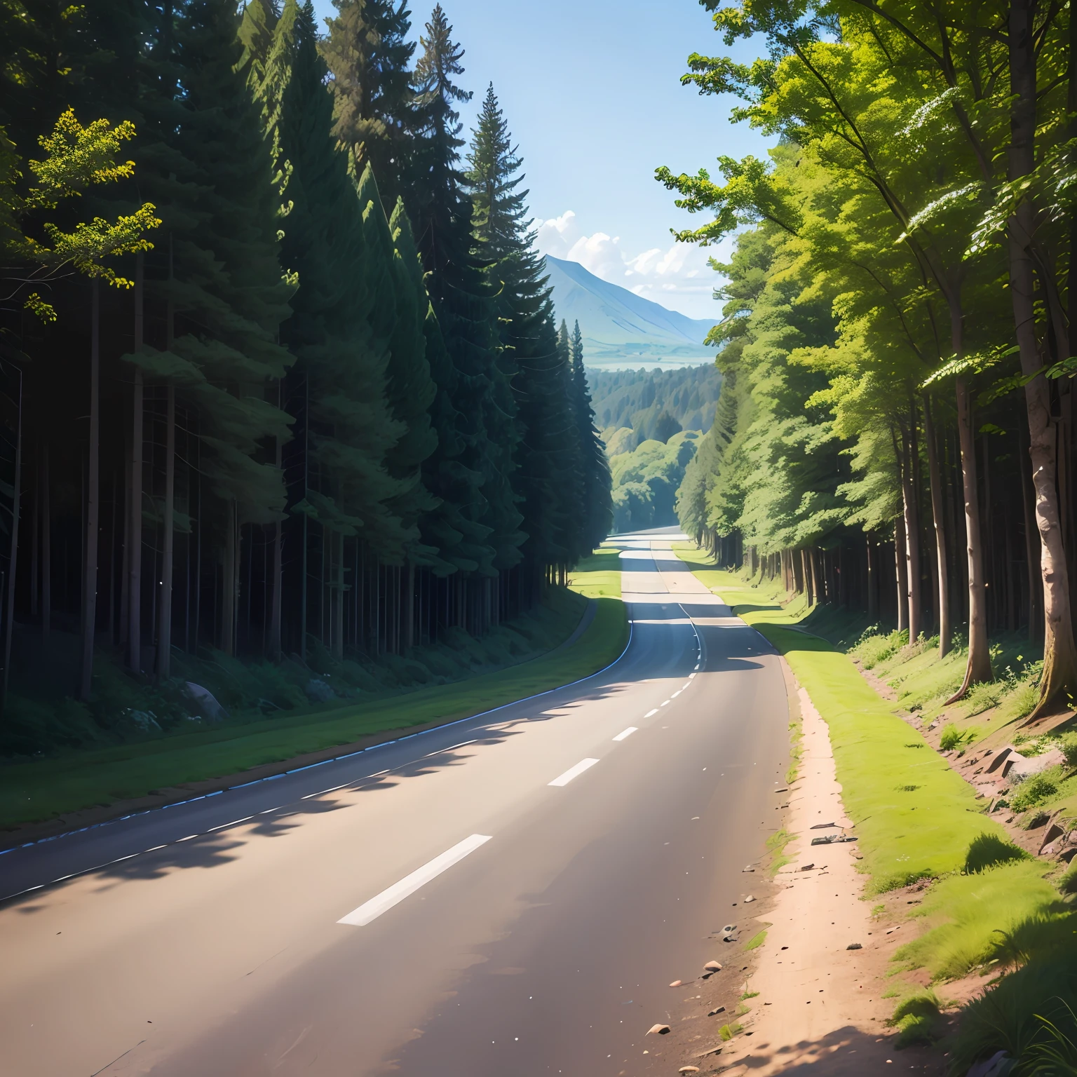 Wide tarmac road in foreground narrowing to right with green hills and trees, blue sky with sun, bright and idea of movement. --auto