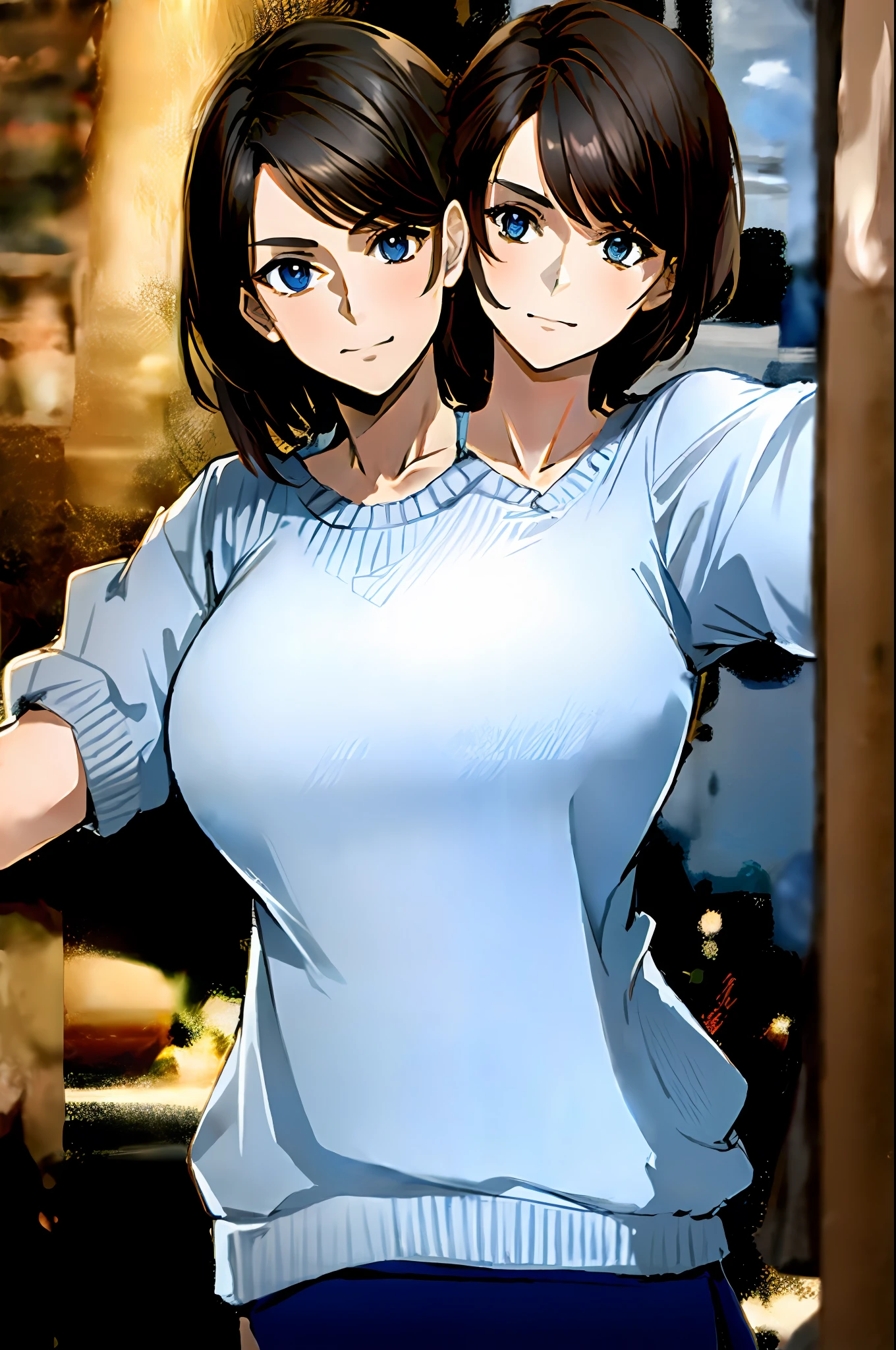 2heads, tribreasts, solo, close up, posing, long brown hair, blue sweater, outside,
