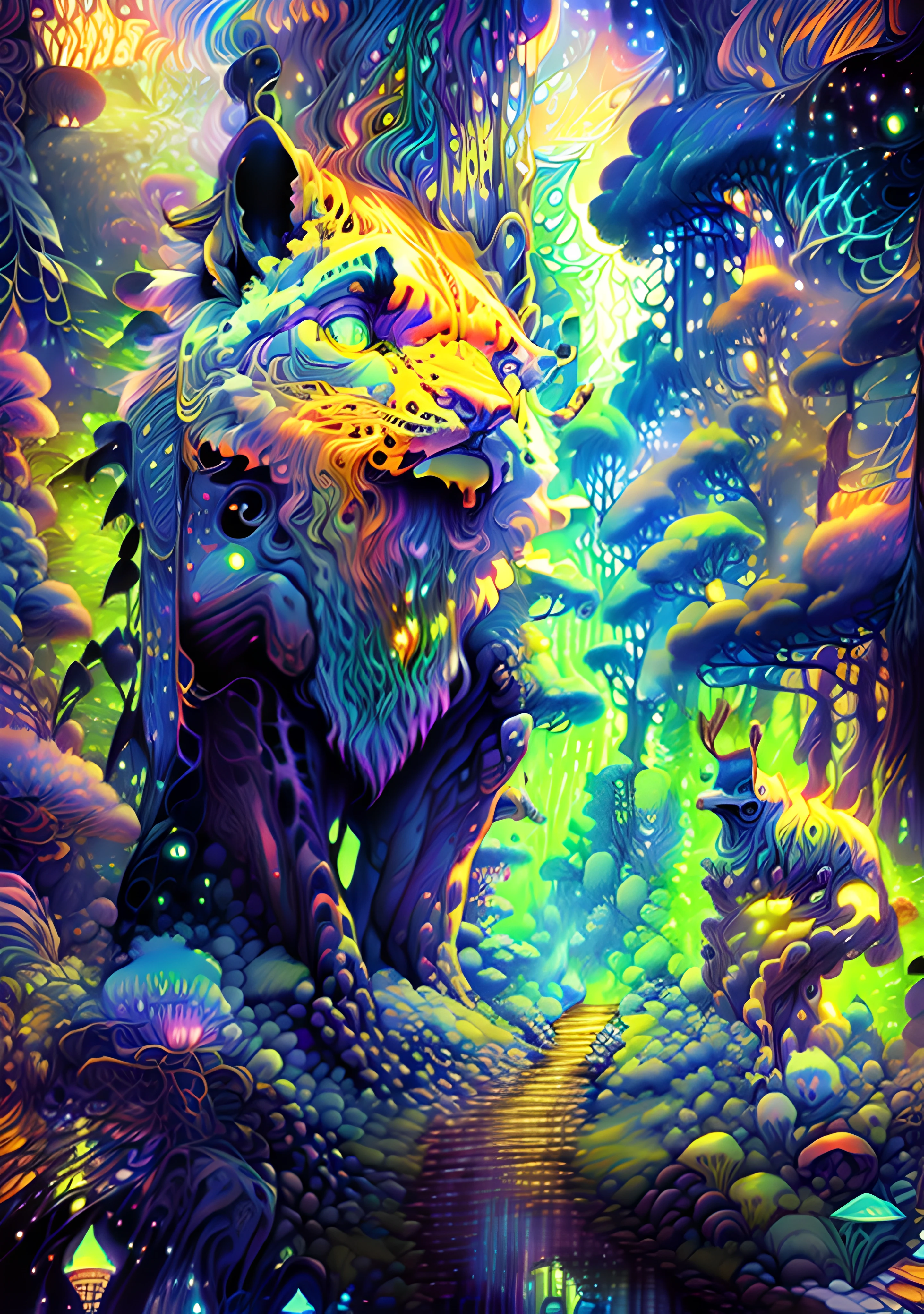 masterpiece, beautiful psychedelic entropy,best surreal masterpiece, top quality, best quality, official art, beautiful and aesthetic:1.2) , blue skin godess and god standing on top of a mountain top holding eachother ,whole body and legs,below are a eguptian sphinx and pharao,many stars and galaxies in the background ,extreme detailed,colorful,highest detailed, official art, gold leaf ,glitter art ,unity 8k wallpaper, ultra detailed, beautiful and aesthetic, beautiful,fractal art, mystical and otherworldly, with intricate fur and piercing eyes, in the breathtaking mountain landscape of NCWinters ,alex grey ,psychedelic, dmt PsyAI