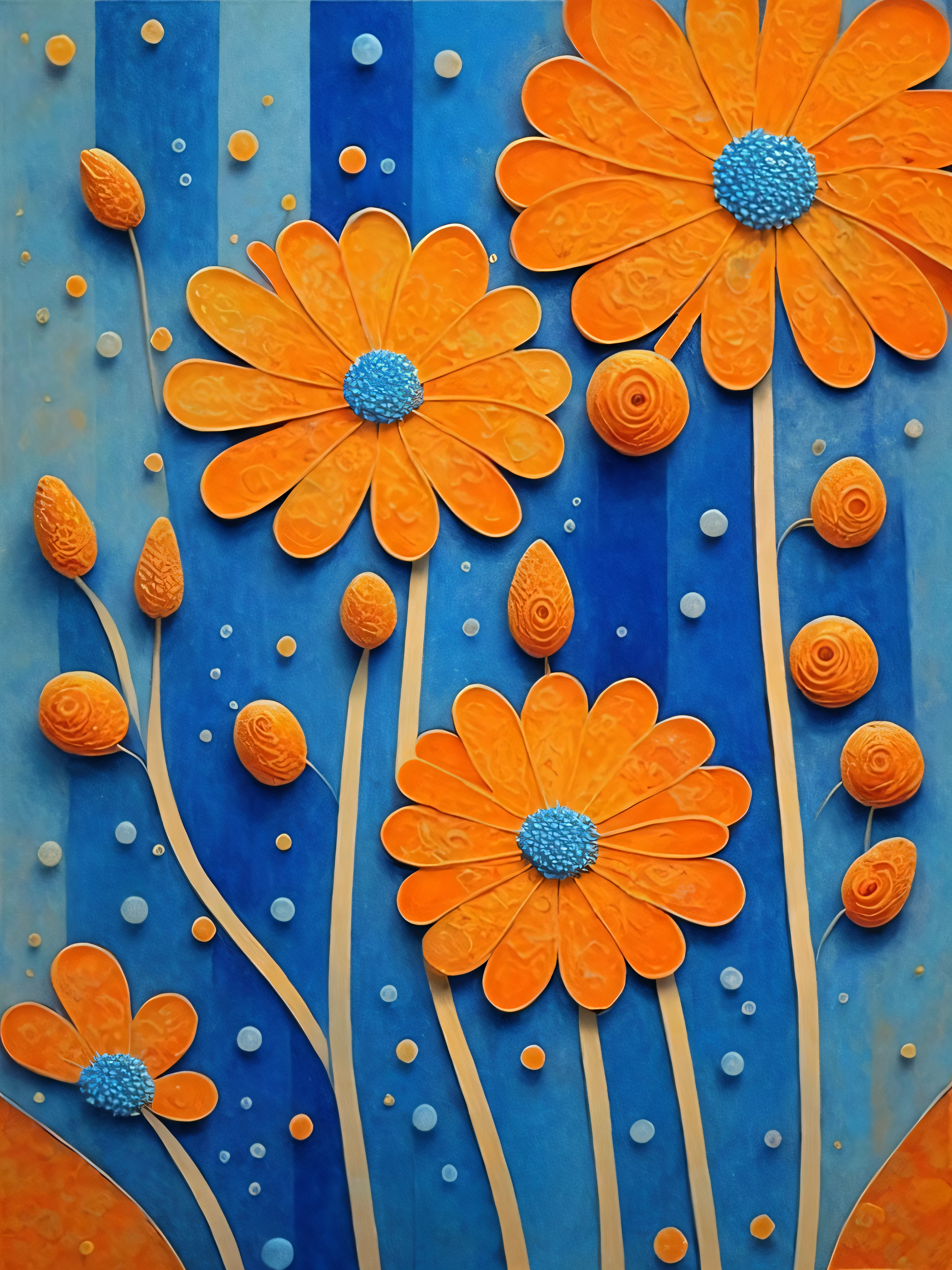 Flores abstratas, cores azuis e laranja, corrs suaves, arte moderna
