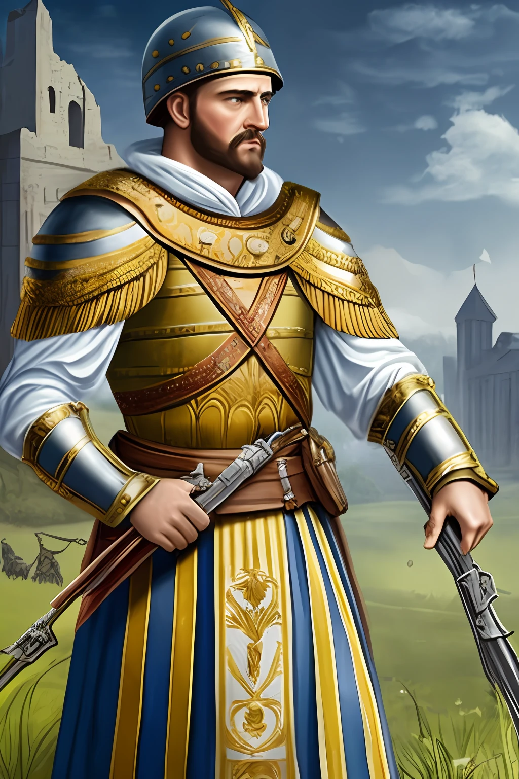 Julius Caesar, imperador romano, acompanhado de seus soldados no campo de batalha. --auto --s2
