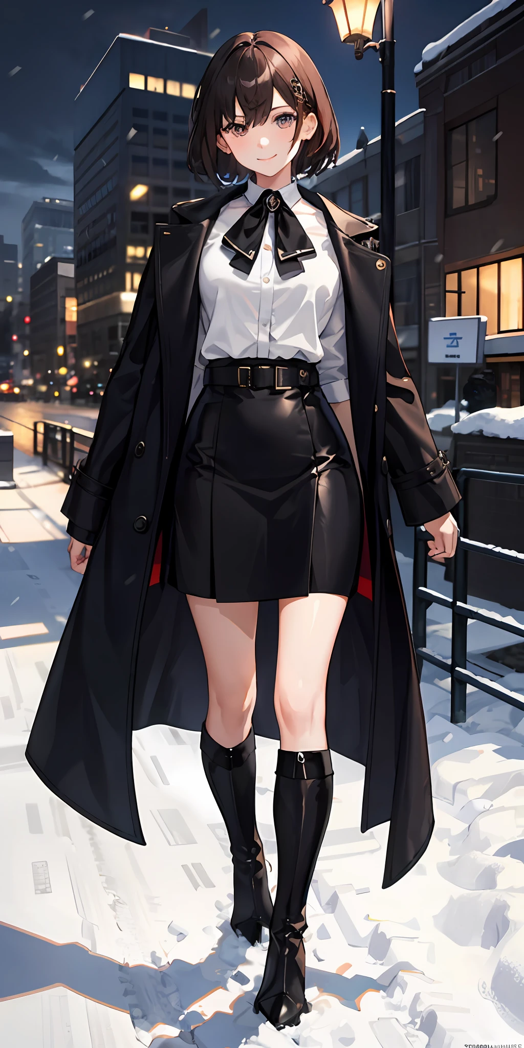 ((tmasterpiece,Need)),(1girll),brunette color hair,big-areola,((Office Lady)),By bangs,flatchest,(emaciated),In the wild snow at night,1girll,Medium and short hair,Black colored eyes,black greatcoat,White color blouse,a black pleated skirt,stocklings,Leather boots,Gentle and charming smile,Hold your hands behind your back,Be red in the face,Naughty,8K,tmasterpiece,Wallpapers