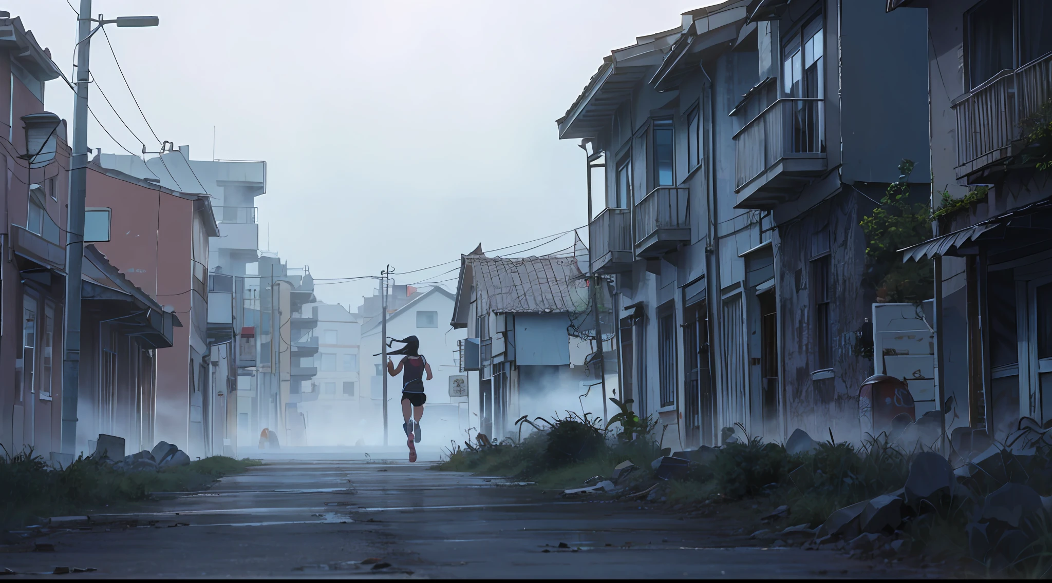 (full body girl), (abandoned city in Brazil), (countryside Brazil), (gothic), (black metal t-shirt), (shorts), (pale skin), (black hair), (foggy), (urban decay), (desolate), (grim), (haunted), (deserted buildings), (horror atmosphere), (demons), (running girl). small town in the interior of brazil shrouded in fog and with monsters in the streets Cosmic horror, (small city in the interior of Brazil surrounded by dense fog, with small monsters in the streets but they cannot be seen in full, only parts of them, there are no people on the streets, poor visibility, many old houses) --auto