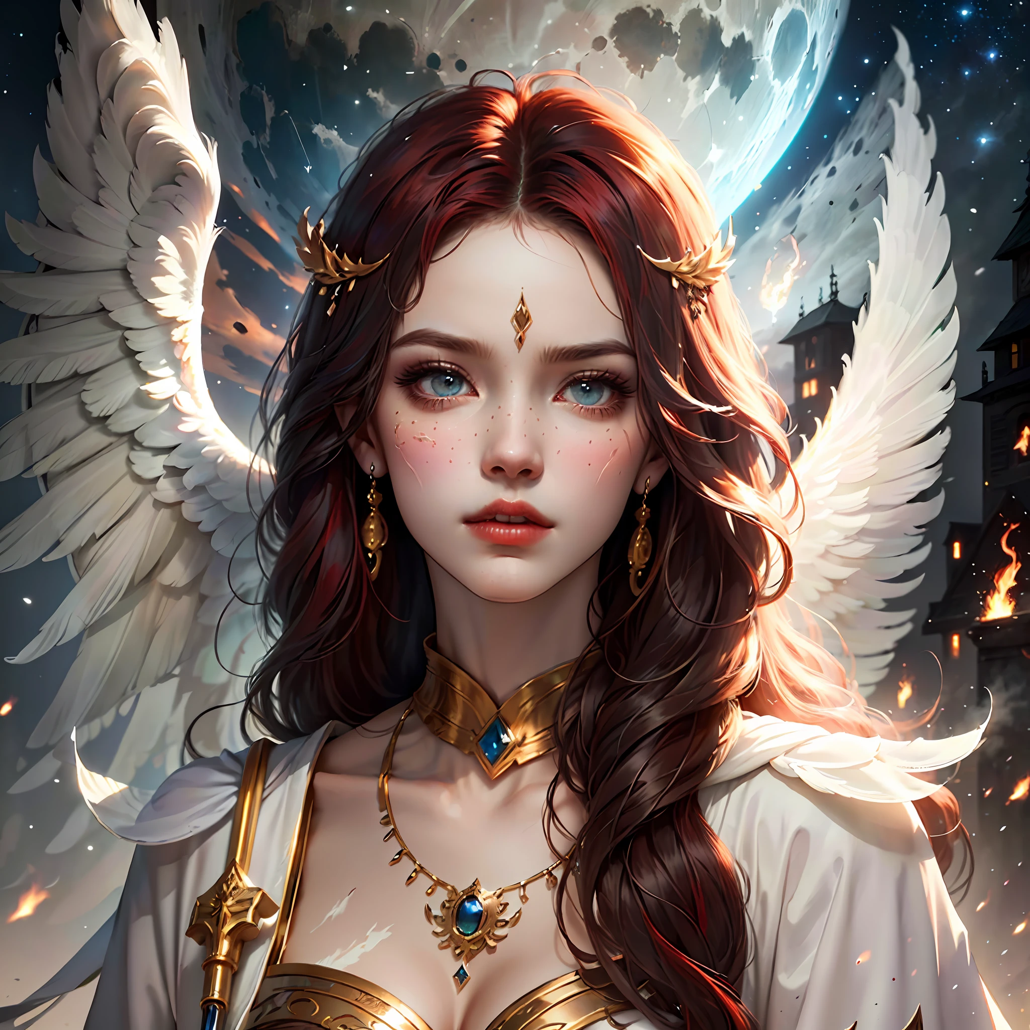 8k, ultra detailed, masterpiece, best quality, (extremely detailed), arafed, dnd art, panoramic view, full body, aasimar, female, (Masterpiece 1.3, intense details), female, sorceress, casting flaming spell (Masterpiece 1.3, intense details) large angelic wings, azure angelic wings spread (Masterpiece 1.3, intense details), fantasy magical background (Masterpiece 1.5, intense details), moon, stars, clouds, wearing white robe, flowing robe (Masterpiece 1.3, intense details), high heeled boots (Masterpiece 1.3, intense details), armed with staff, red hair, green eyes, intense eyes, feminine, ultra detailed face, (Masterpiece 1.5, best quality), anatomically correct (Masterpiece 1.3, intense details), determined face, divine light, cinematic lighting, soft light, silhouette, photorealism, panoramic view (Masterpiece 1.3, intense details) , Wide-Angle, Ultra-Wide Angle, 8k, highres, best quality, high details --auto