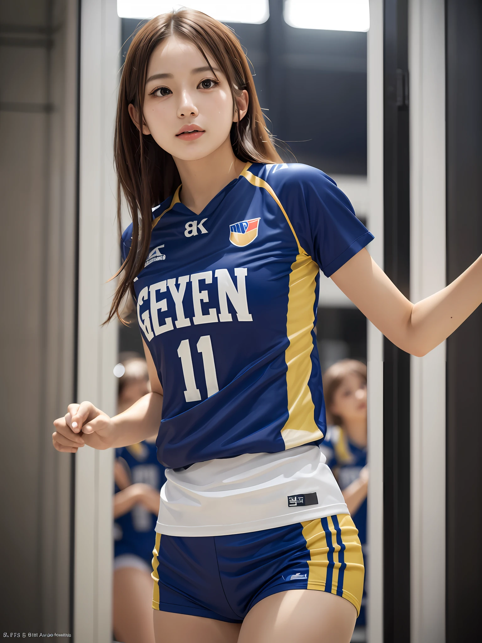 8K,RAW portrait of japanese girl,Photorealistic,超A high resolution,Best Quality,8K, masterpiece, Textured skin, Super Detail, high details, High quality, hight resolution、Korean Idol、Nogizaka Idol、hposing Gravure Idol、(Young girls:1.3),(Looking away:1.3)
BREAK
(Volleyball player,Volleyball uniform:1.1),Indoor,(Soft breasts),sport short pants,(dynamic compositions:1.1),(Sweat,Shiny skin:1.2)
BREAK
(Natural Skin Texture,Detailed skin, Hyper-Realism,ultra sharpness),Intricate details,depth of fields,(Bright lighting:1.2),、Korean Idol、Nogizaka Idol、hposing Gravure Idol、