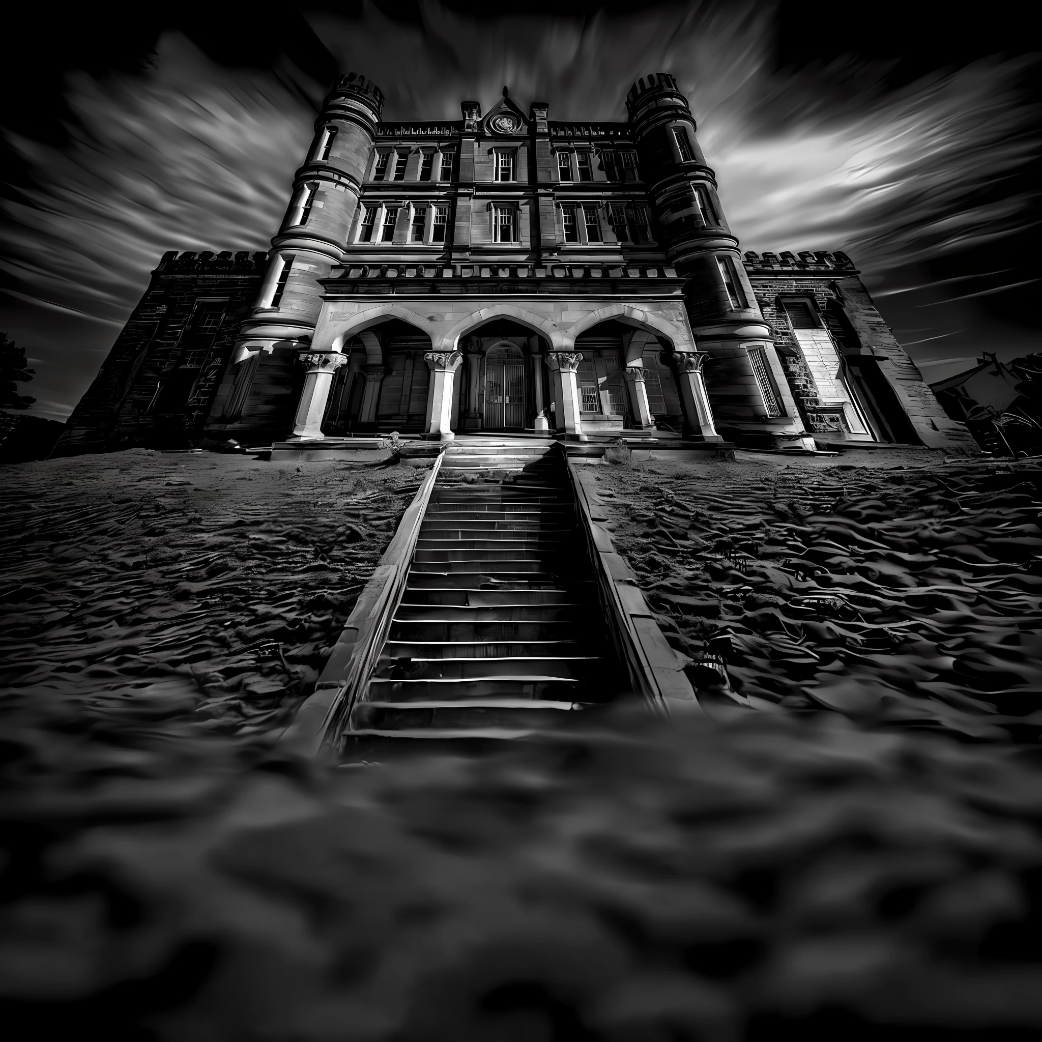 A dim photo of a gloomy castle,There are stairs leading to it, inspired by Sydney Prior Hall, haunted gothic hotel, Madhouse, Victorian castle, scary gothic architecture, Gothic mansion, Gothic castle, Abandoned shelters, gothic building style,Spooky castle empty