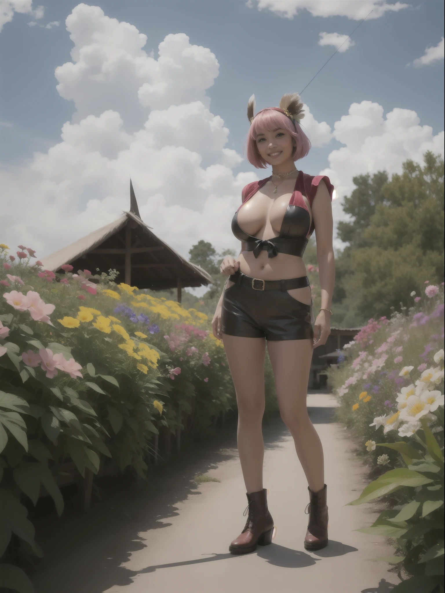 ((full body, standing):1.5), {((1 woman))}, {((wearing brown leather indian clothes, extremely tight and short in the body, short leather shorts and short velvet)), ((big breasts):1.5), ((short pink hair, mohawk, sparkling blue eyes, wearing small feathered headdress)), ((looking at viewer, maniacal smile, making erotic pose, holding a bow and arrow)) , ((in an indigenous village, cloudy sky, it's daytime, plants and flowers, Indians of different ethnicities))}