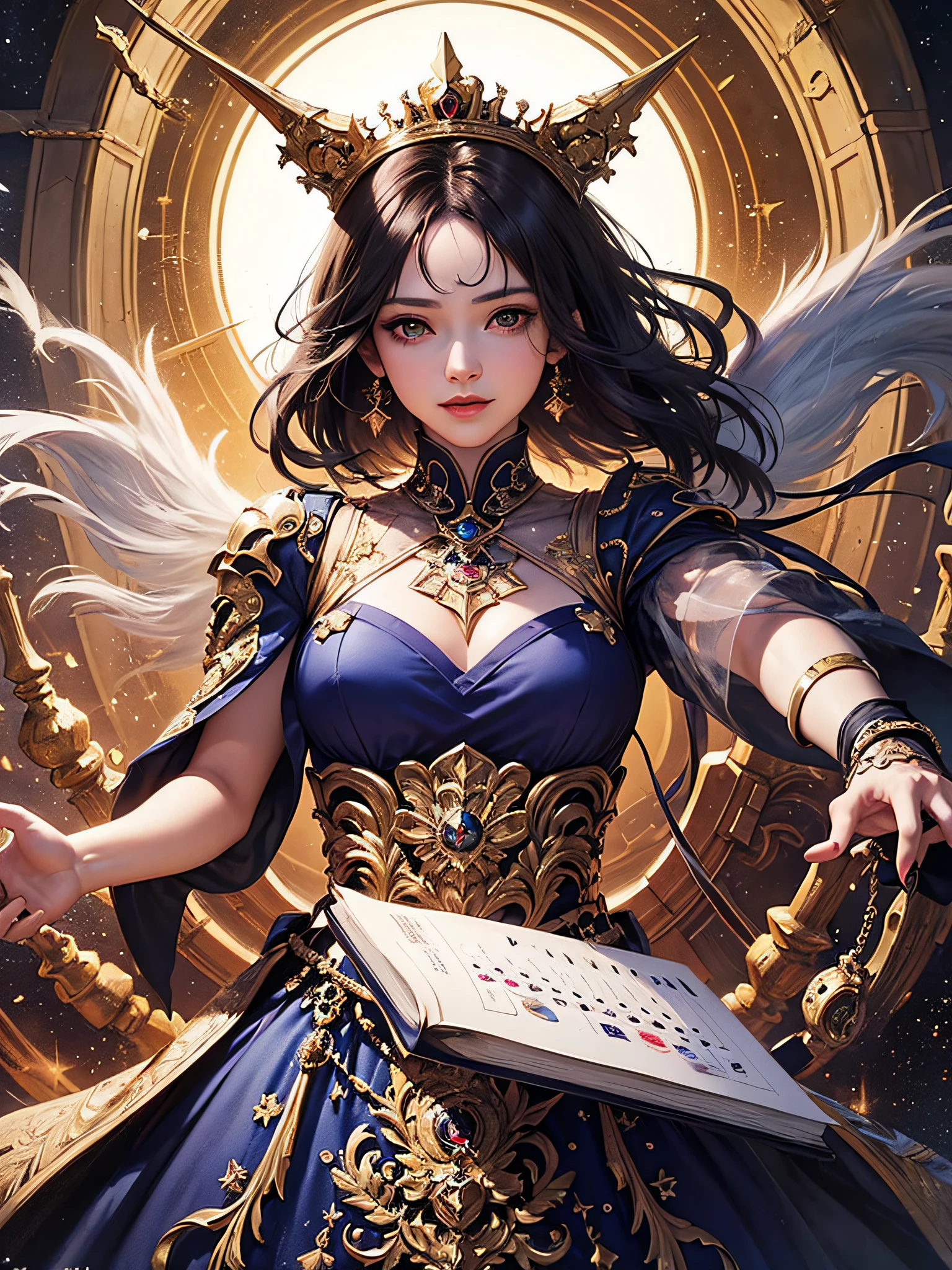 1 woman((Upper body selfie,cheerfulness)),tmasterpiece,Best quality at best,ultra - detailed,独奏,Cosmic clock, Endless billions of years, Countless calenders, Core rhythm, Book the season, time, Punctuality princess, Rhythmic recordings, Time lady