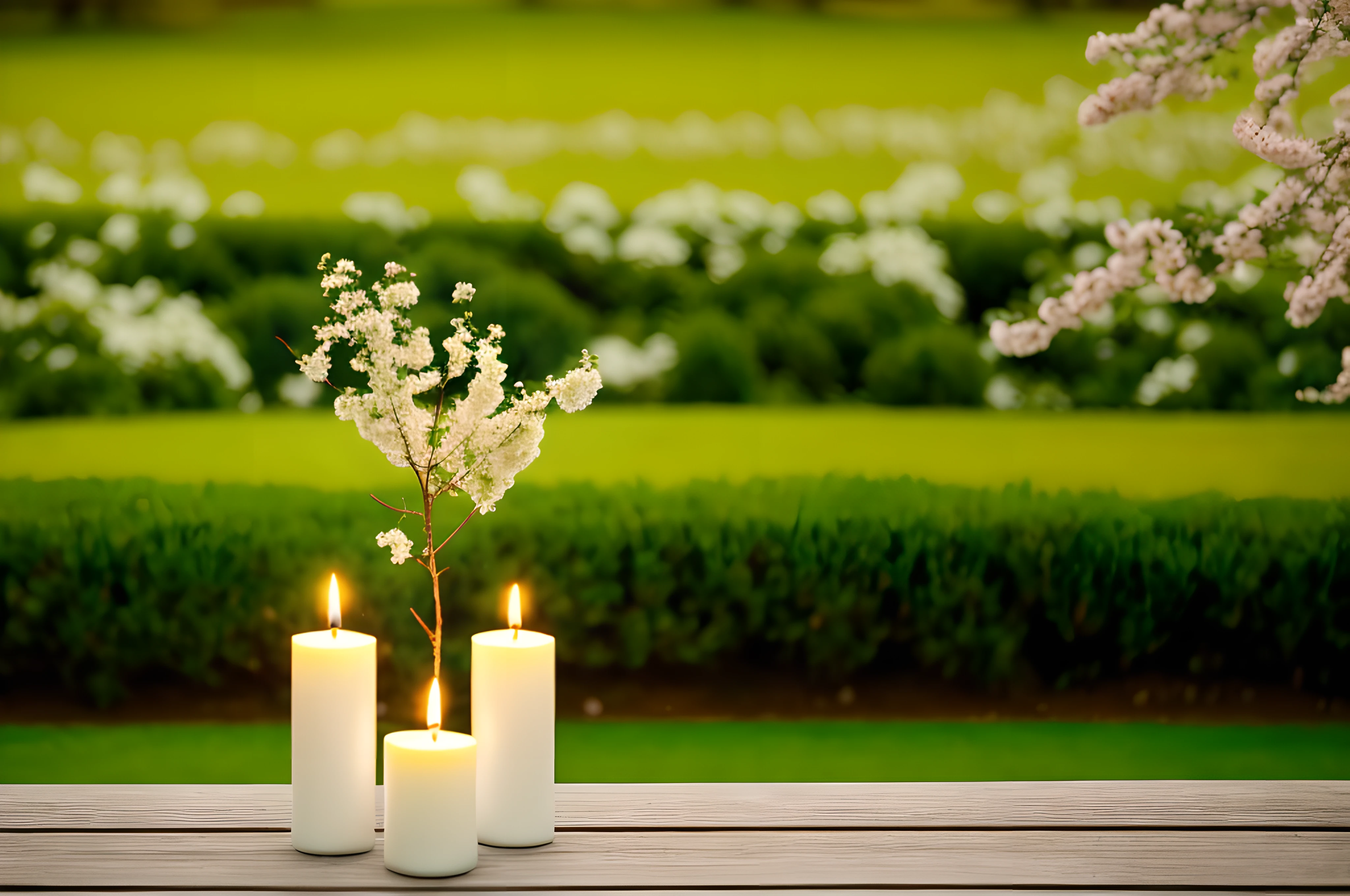 beautiful flowering tree in spring with burning white candles decoration on blurred garden background, beautiful contemplative atmosphere outside in nature