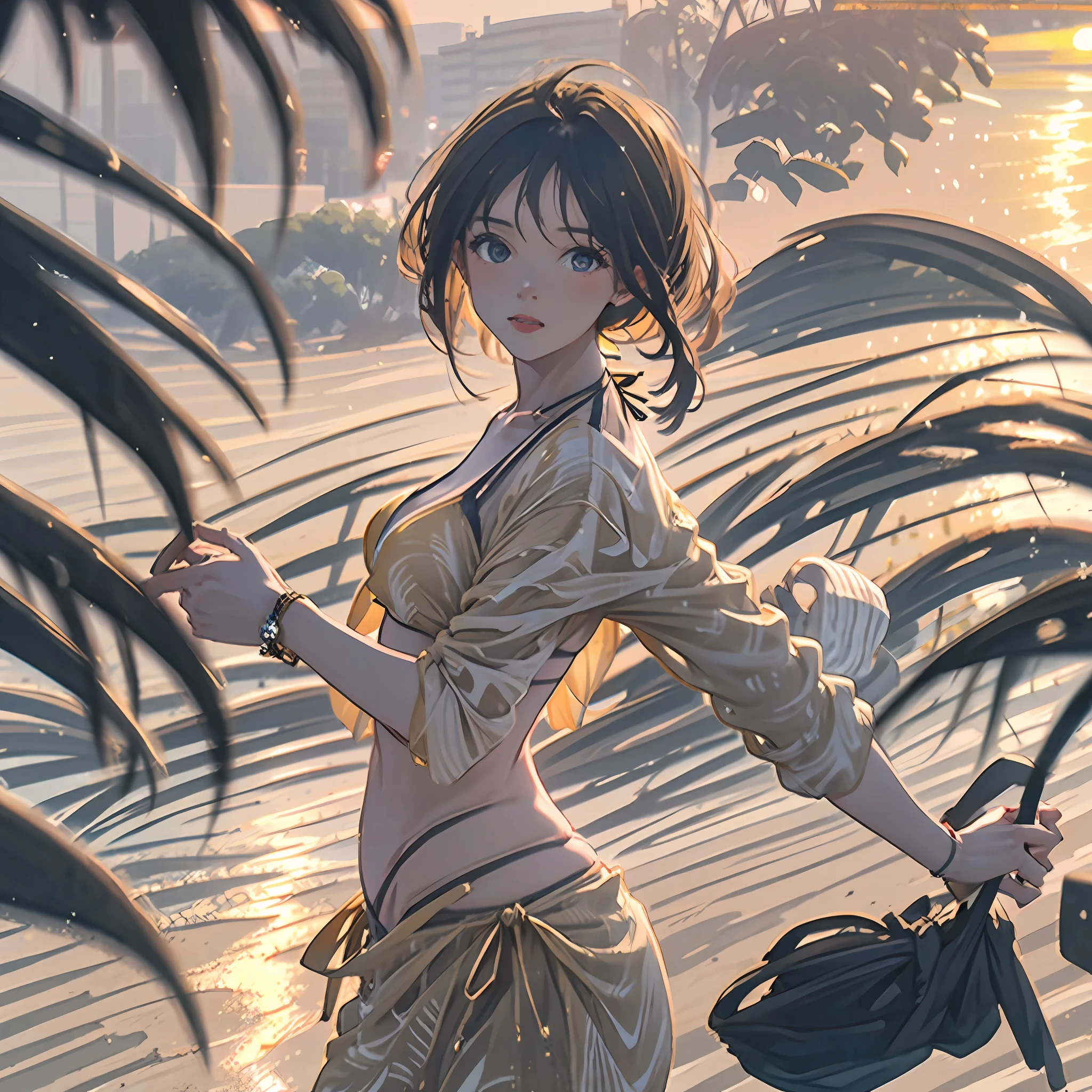 (masterpiece), best quality, extremely detailed, ultra-realistic, beautiful girl in bikini, gorgeous body, perfect curves, golden hour lighting, sandy beach, sea waves, tropical paradise, summertime.