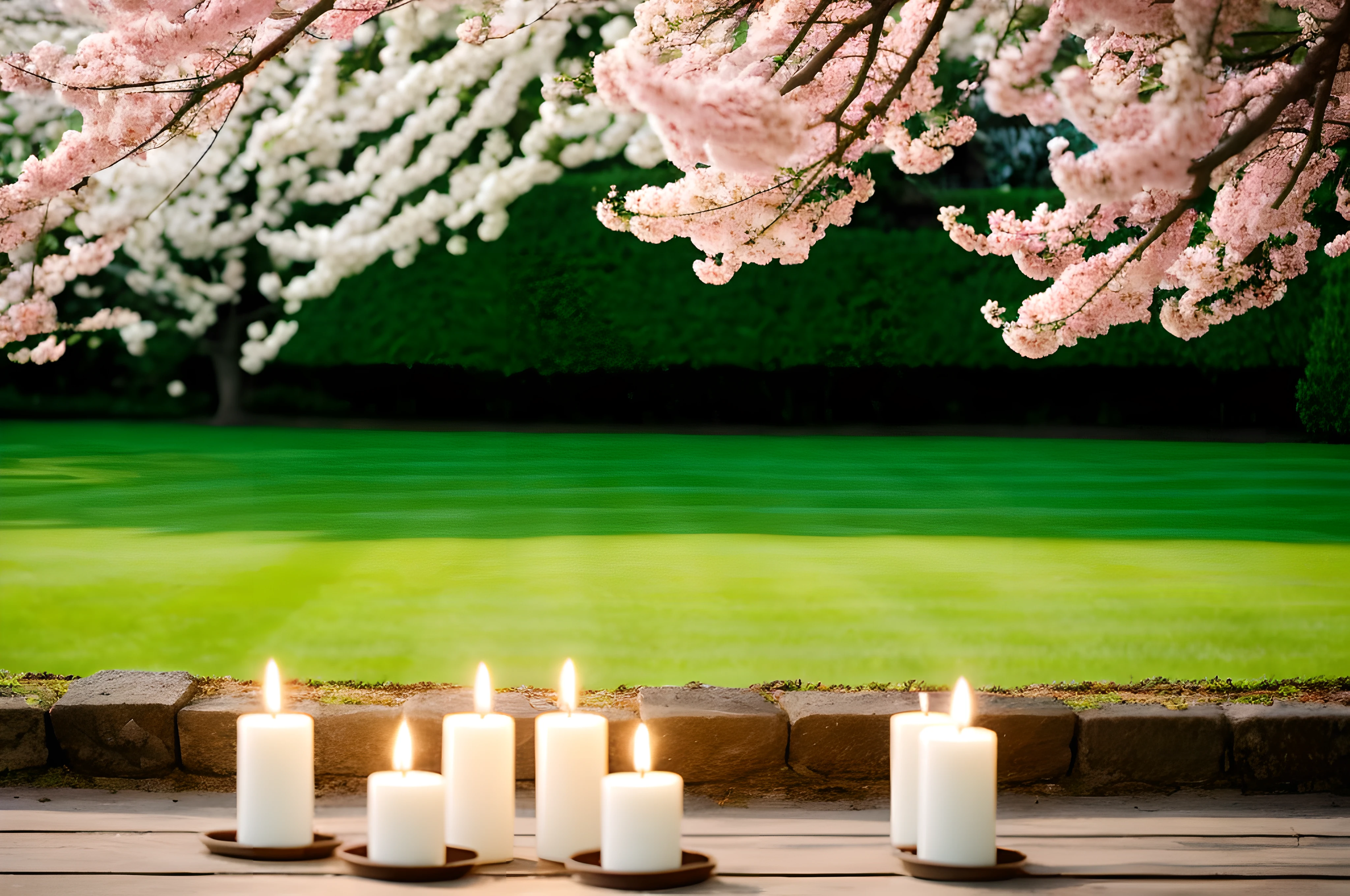 beautiful flowering tree in spring with burning white candles decoration on blurred garden background, beautiful contemplative atmosphere outside in nature