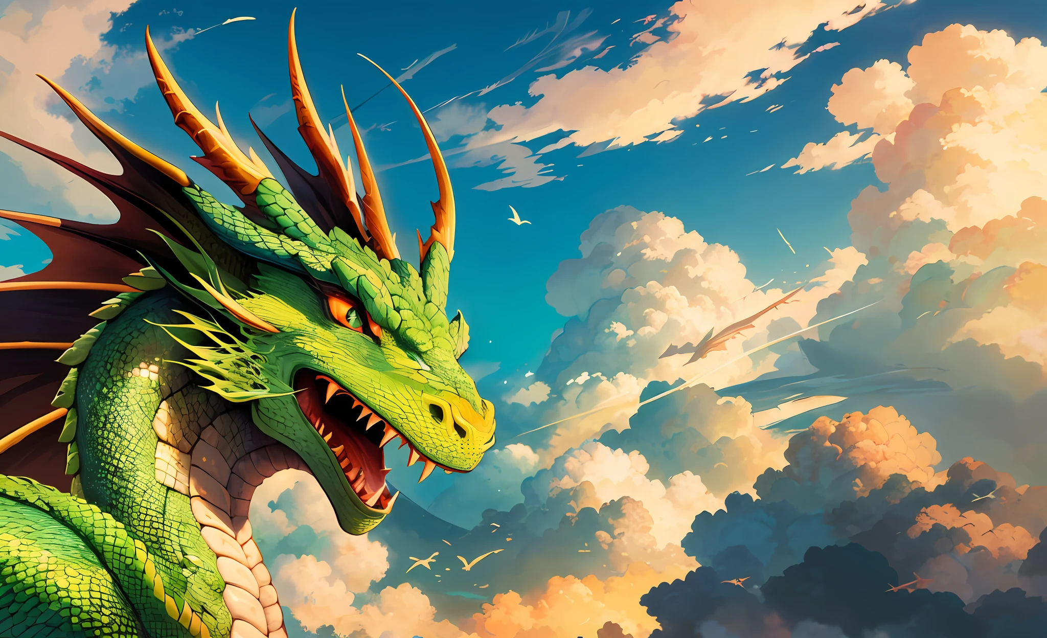 There is a green dragon with a red tail and a yellow tail, dragon flying in sky, dragon flying in sky, green dragon, dragon in the sky, colossal dragon as background, giant dragon flying in the sky, dragon portrait, portrait of a dragon, large green dragon, A dragon made of clouds, dragon face, dragon flying in the background, dragon's head
