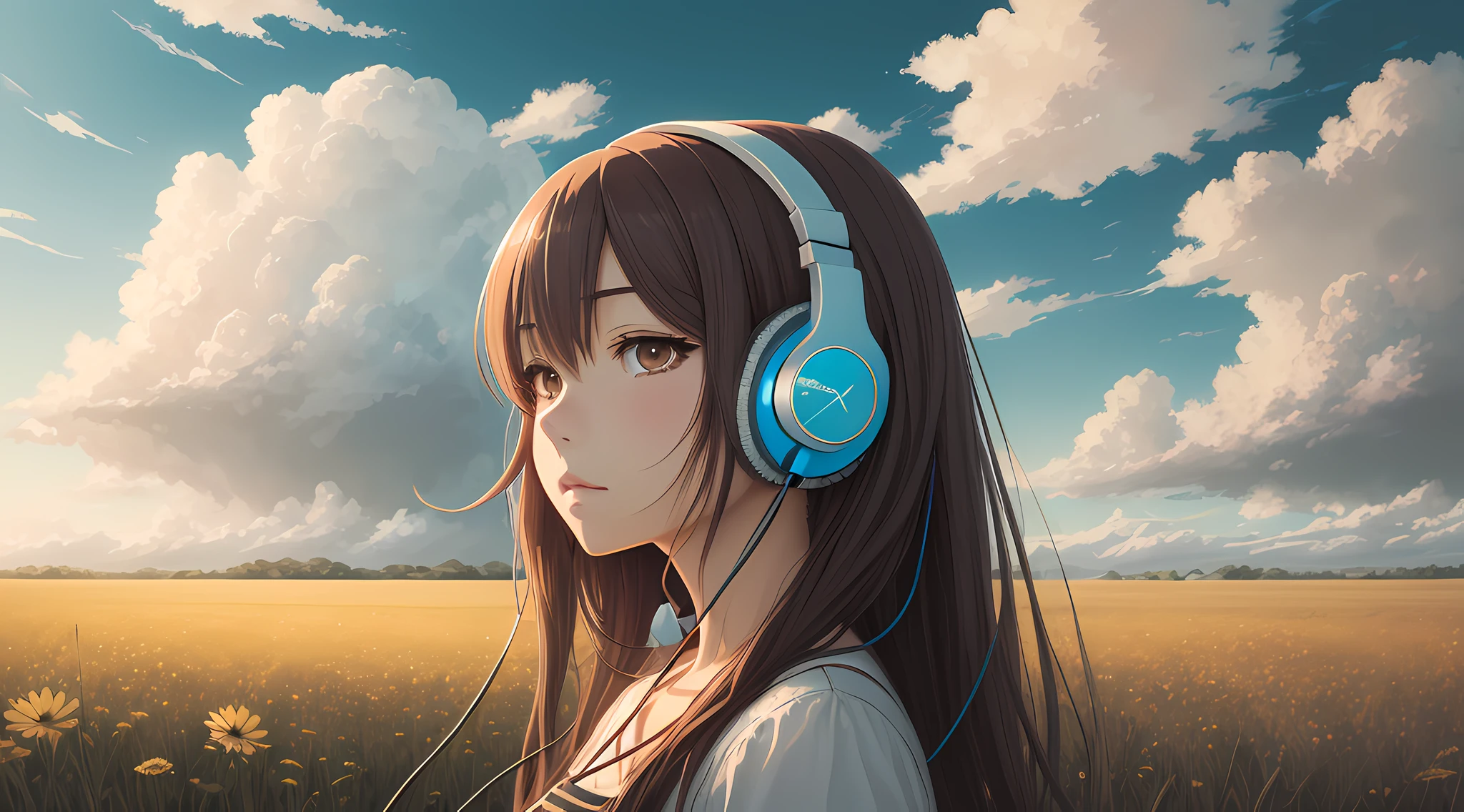 an anime girl wearing headphones and standing in a field, in the style of realistic hyper-detailed portraits, cabincore, earthy colors, ambitious, dinopunk, atmospheric clouds, bold, manga-inspired characters