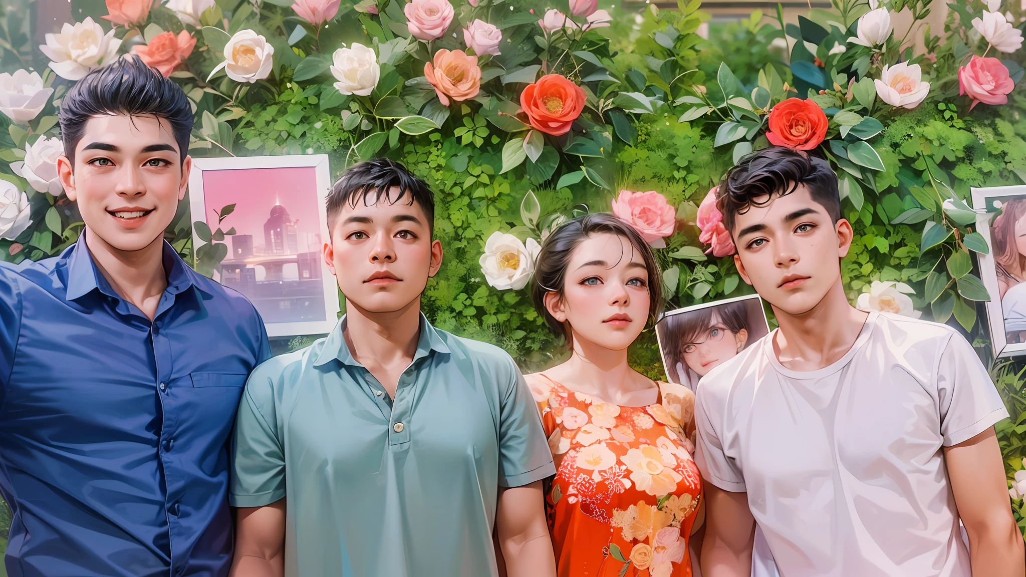(absurd, elevation, super detail, HDR), masterpiece, best quality, 3boy, (2nd person from left about 40 years old) 1girl (35 years old). handsome , short hair , sharp eyes and detailed face , dimples , night street , night city , midnight , selfie , light smile