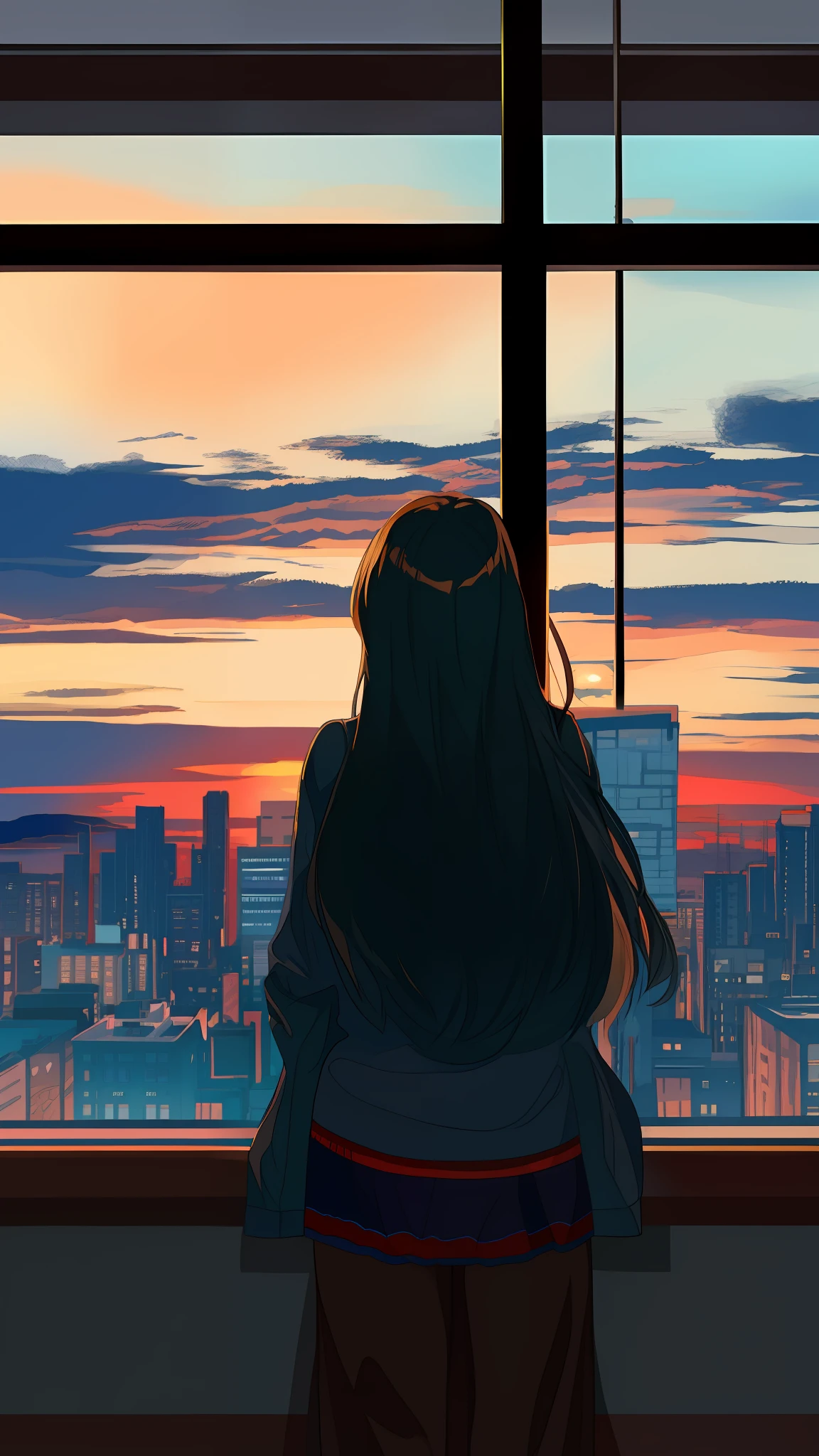 The Aalfed woman looked out the window at the city, looking out, looking at the city, girl watching sunset, Artistic. Alena Ainami, looking over city, Desolate. Digital illustration, looking out at a sunset, inspired by Alena Aenami, art by Alena Aenami, feeling of solitude, looks out the window, watching the sunset