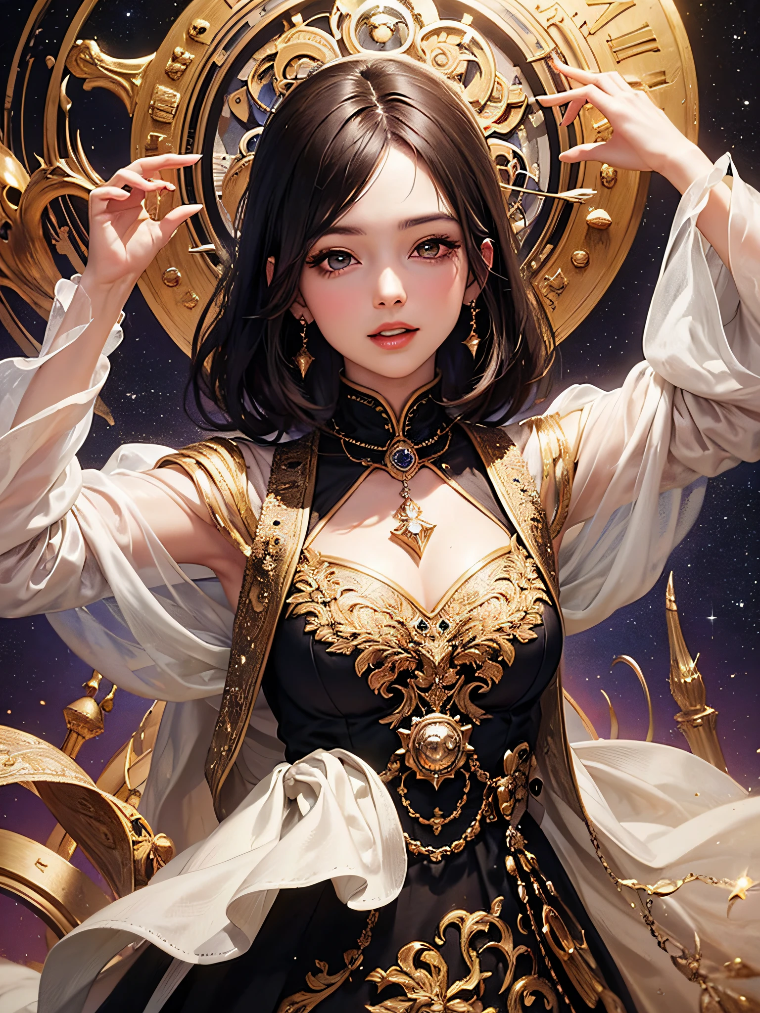 1 woman((Upper body selfie,cheerfulness)),tmasterpiece,Best quality at best,ultra - detailed,独奏,Cosmic clock, Endless billions of years, Countless calenders, Core rhythm, Book the season, time, Punctuality princess, Rhythmic recordings, Time lady