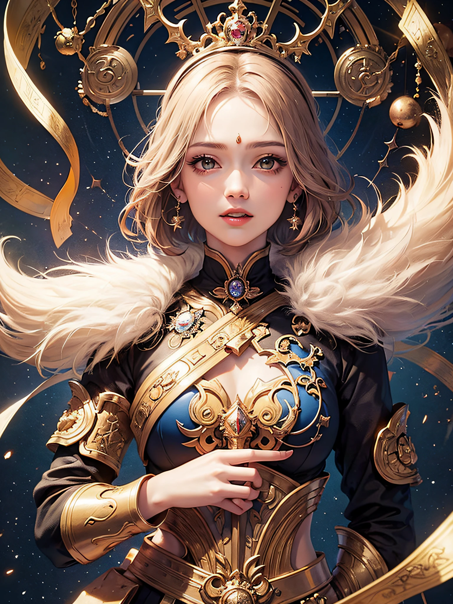 1 woman((Upper body selfie,cheerfulness)),tmasterpiece,Best quality at best,ultra - detailed,独奏,Cosmic clock, Endless billions of years, Countless calenders, Core rhythm, Book the season, time, Punctuality princess, Rhythmic recordings, Time lady