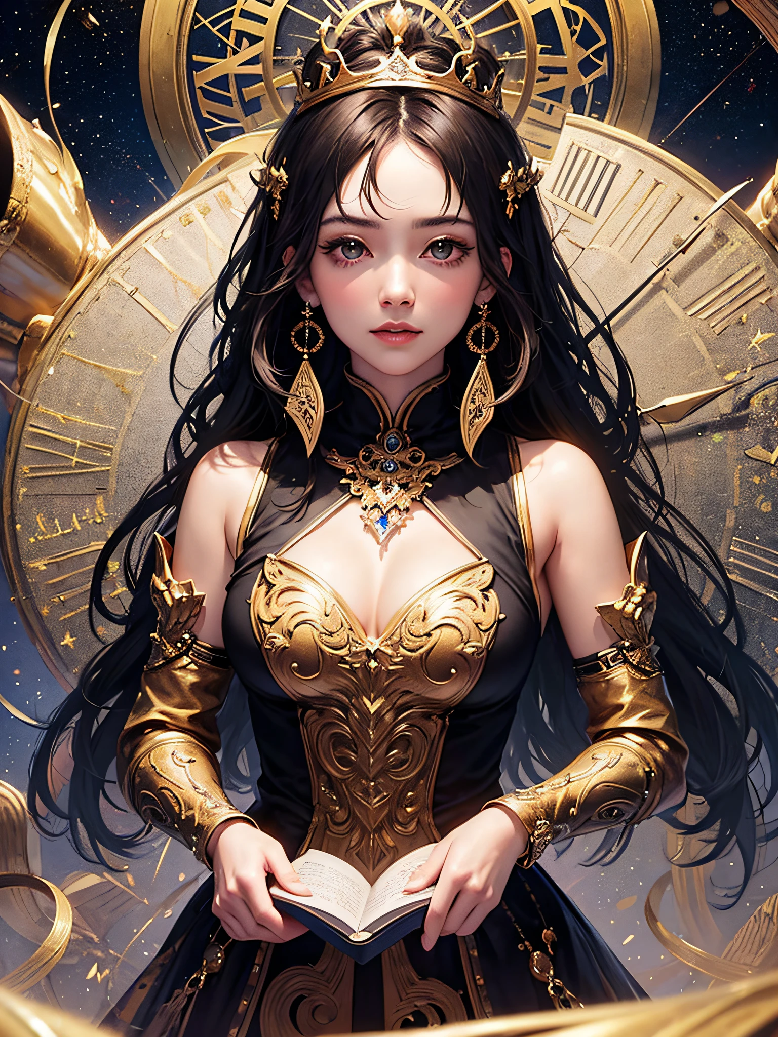 1 woman((Upper body selfie,cheerfulness)),tmasterpiece,Best quality at best,ultra - detailed,独奏,Cosmic clock, Endless billions of years, Countless calenders, Core rhythm, Book the season, time, Punctuality princess, Rhythmic recordings, Time lady