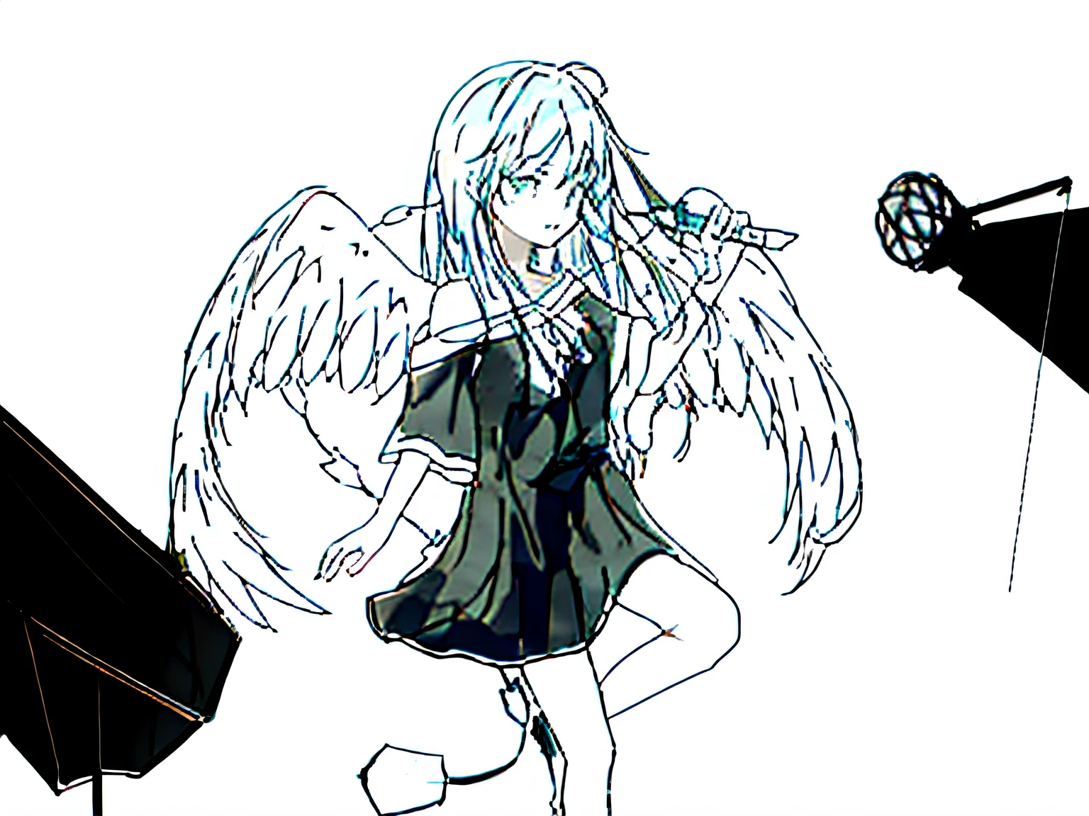 drawing of a girl with wings and a microphone, clean anime outlines, line sketch!!, line art!!, lineart, simple lineart, outline sketch, thick lineart, young harpy-girl, clean lineart, heavy outlines, thick black lineart, anime sketch, anime moe artstyle, anime style drawing, sketchy artstyle, line sketch