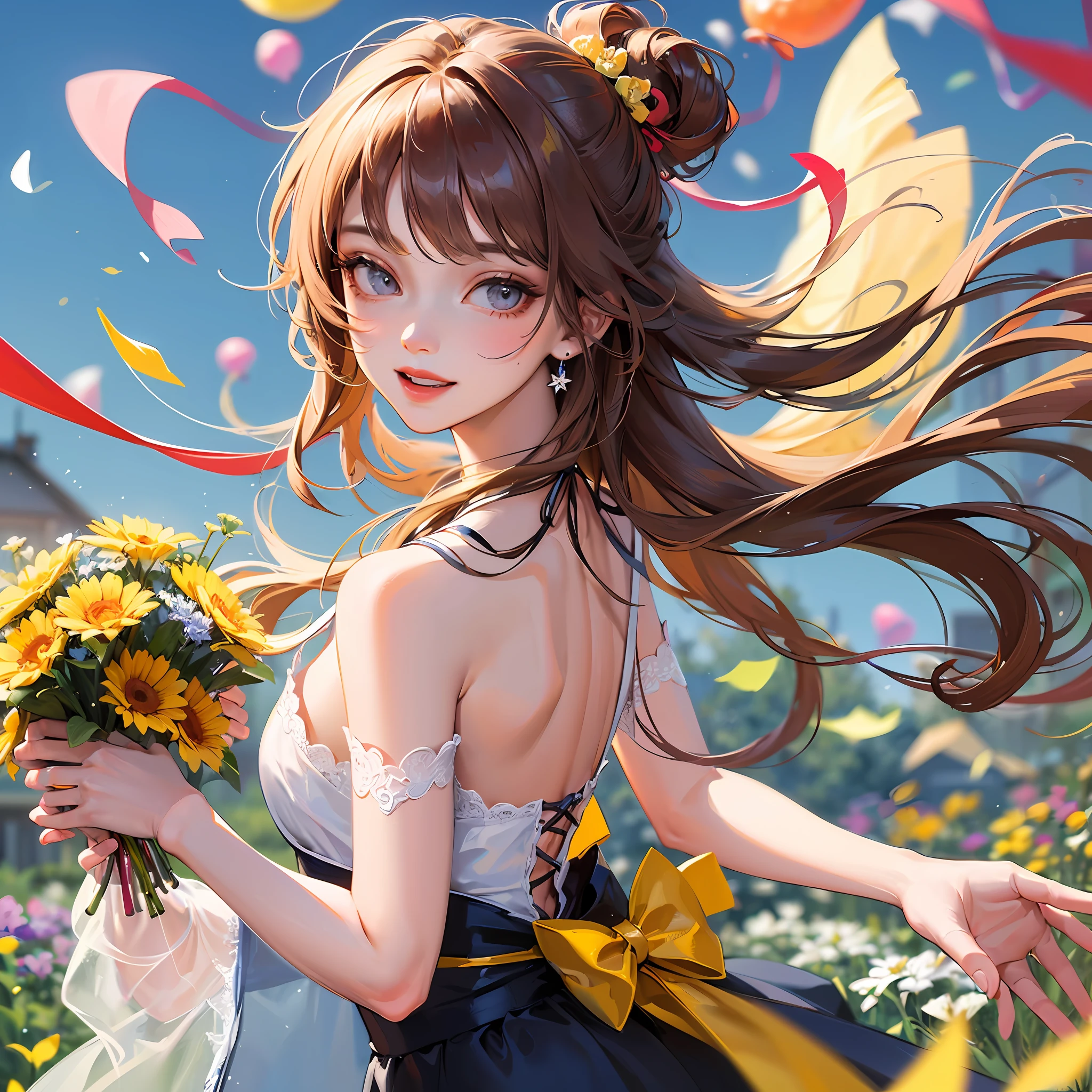 A girl holding flowers, colorful balloons floating in the sky, meadow, dancing, holding flowers, happy, happy, perfect quality, clear focus (clutter-home: 0.8), (masterpiece: 1.2) (Realistic: 1.2) (Bokeh) (Best quality) (Detailed skin: 1.3) (Intricate details) (8K) (Detail Eyes) (Sharp Focus), (Happy) --auto
