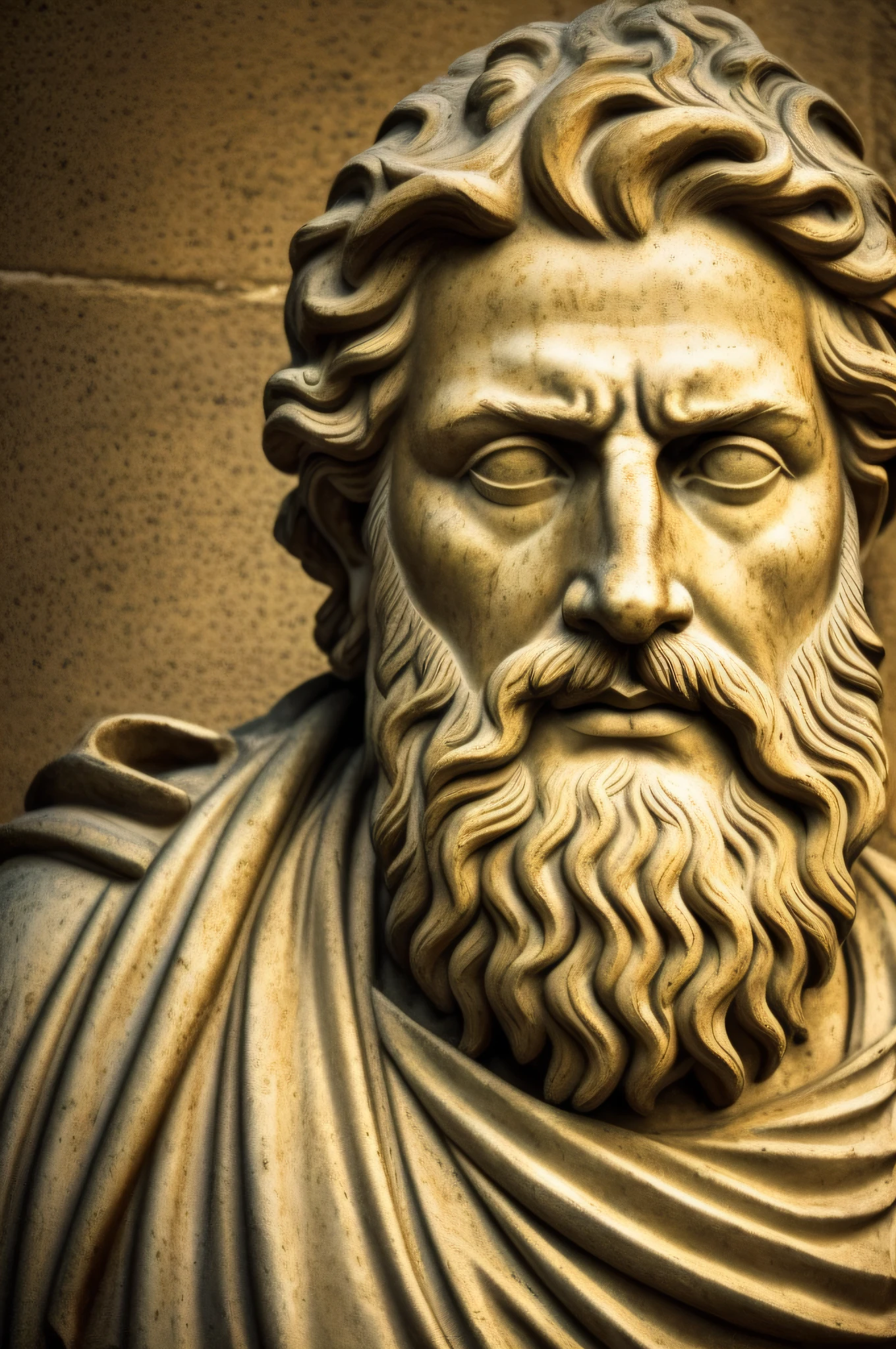 a close up of a statue of a man with a beard, eStoic face, divino e estoico, estoico and calm, stoic, Estoicismo, Stoic attitude, eStoic facial expression, Retrato Zeus, platao, Pose estoica, theophanes, preto e branco, desenho, pintura, michelangelo, marco aurelio,