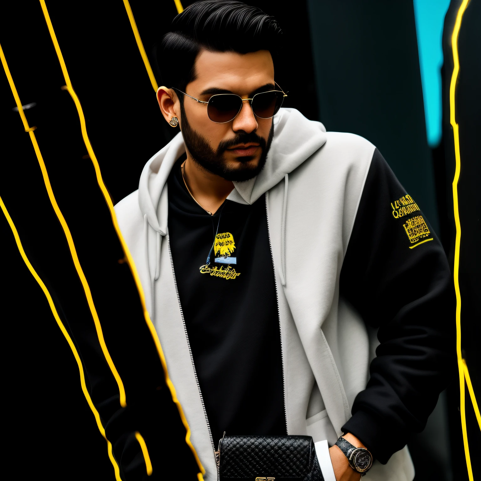 estilo jogo cyberpunk, ((obra prima, melhor qualidade 1.3)) ultra detalhado, 8k,adobe illustration realista, pintura digita, Homem com capuz preto parado em frente a uma cortina, em um moletom preto, usando um capuz preto, Foto de perfil, usando capuz, pato, usando um capuz, comfortable, usando um capuz, usando um capuz oversized, com capuz, he is wearing a black, usando um capuz escuro, foto de retrato detalhada, com luzes neon ao fundo