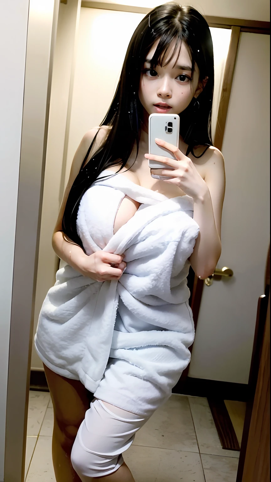 masterpiece, highest quality, Hi-Res, 1girl in, japanes, A dark-haired,half up,(After bathing in the hot springs,team,Posing wrapped in a towel,Woman getting out of shower wet and naked:1.1),(Surprised:1.6),pov,Look at viewers,The upper part of the body