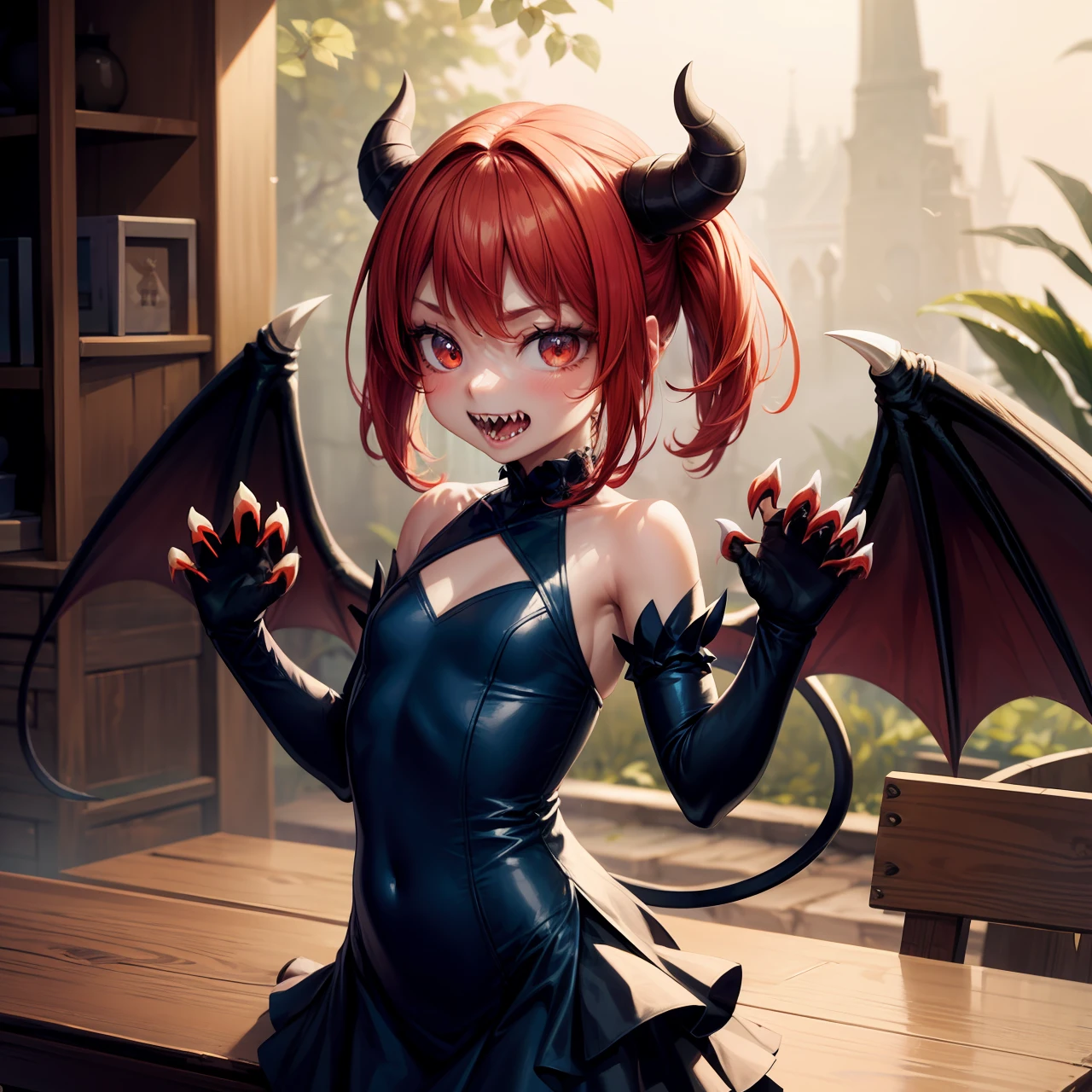 Splash art, cute demon girl, demon wings, sharp teeth, cute blue summer dress, showing claw hands, with small red claws on fingers, ((perfect hands)), looking to viewer, standing on wooden table, fighting pose, stunning beauty, [[chibi]], close-up, muted colors, deep shadows, epic, trending on Pixiv, 4k