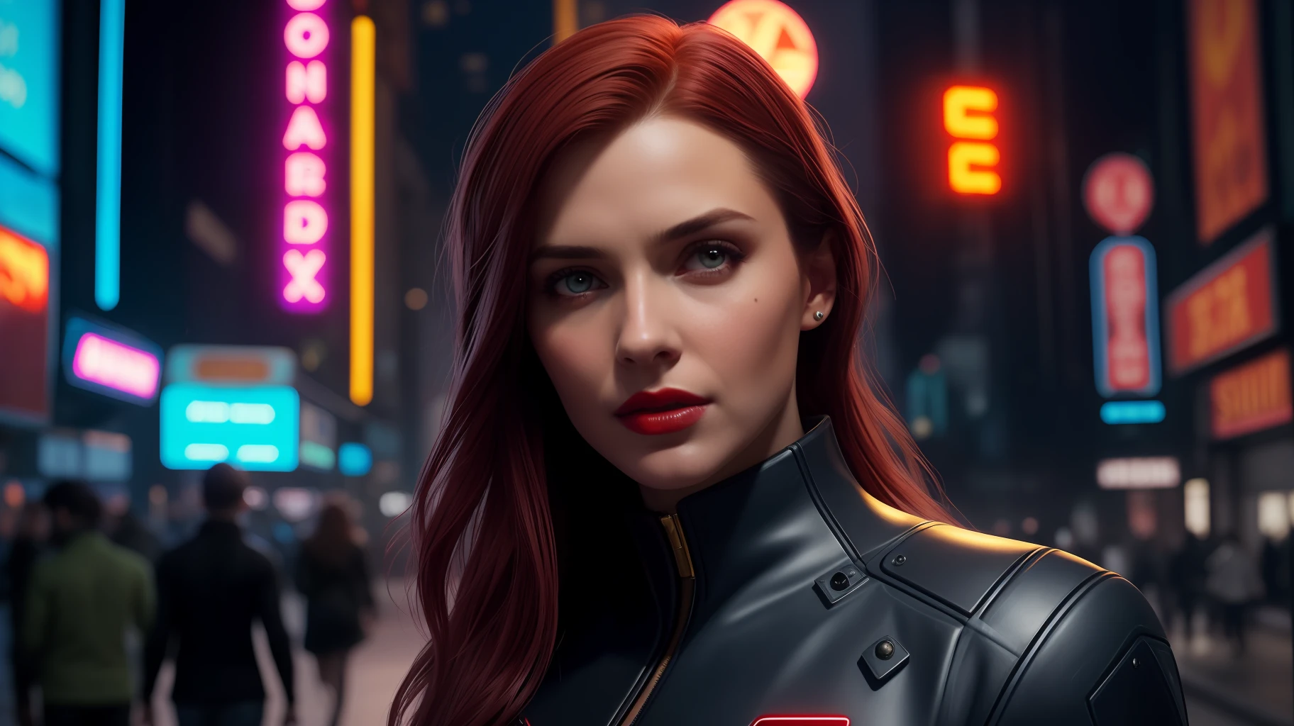 Close-up, a very beautiful red-haired supermodel with very wide hips and narrow waist, full lips, small waist and big hips, red lipstick, in cyberpunk clothes in a cyberpunk city bustling with neon signs, neon lights, sharp focus, studio photo, intricate details, highly detailed, depth of field, sharp focus, high detail, realistic skin texture, realistic, photorealistic, digital art, matte painting, by greg rutkowski