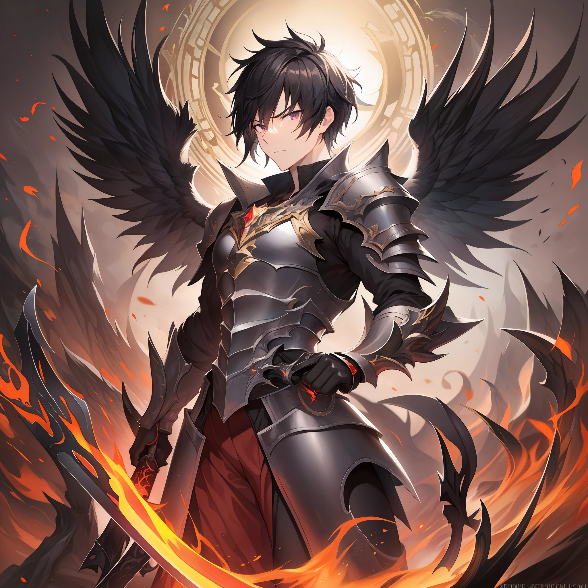 Fallen Angel,male people,ember,short black hair,large black wings on the back,cool expression,glaring,Holding a flame effect big sword in his left hand,Black armor,full bodyesbian,Bold poses,high-level image quality,hight resolution,Fantasia