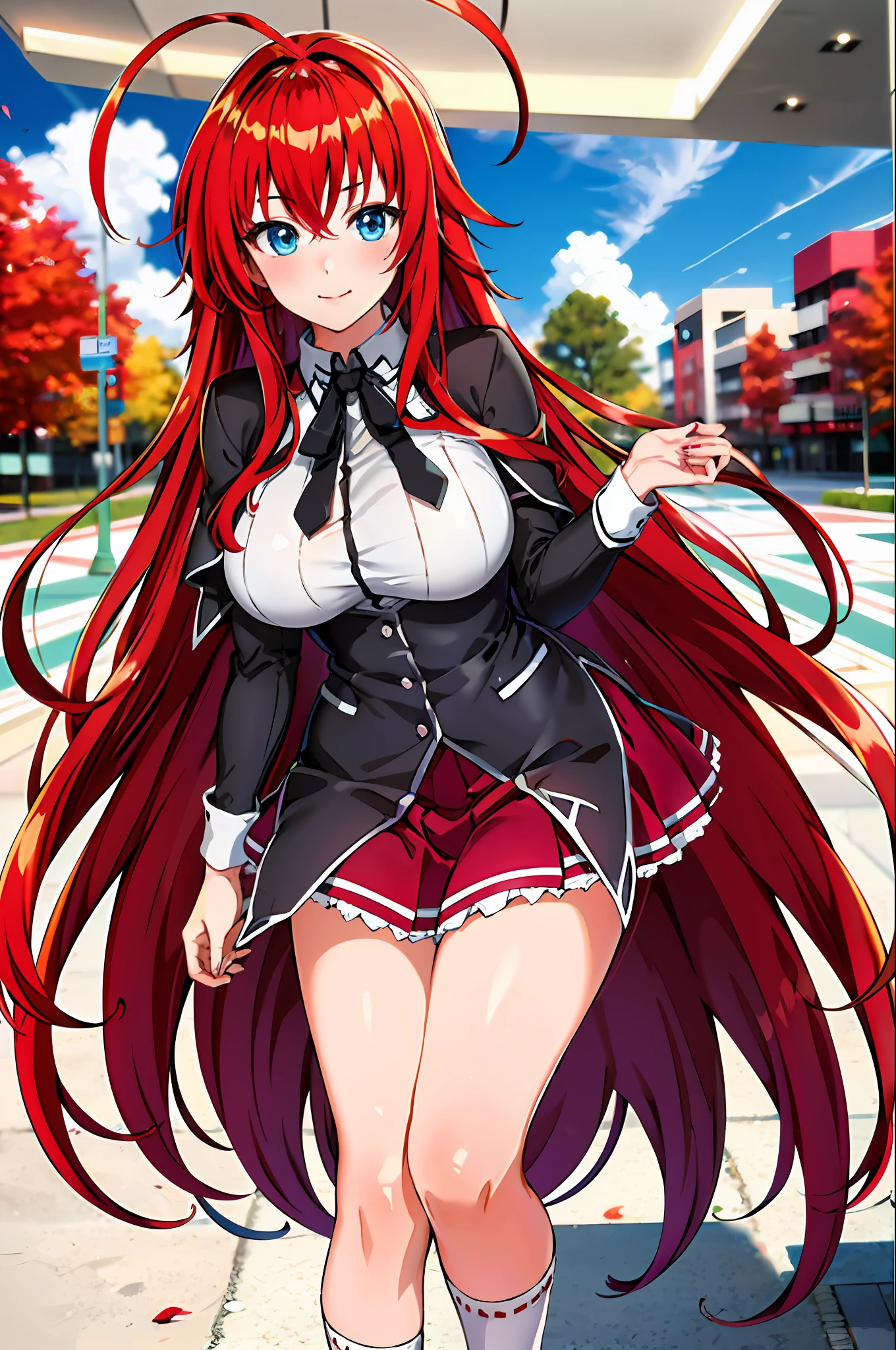 masterpiece, best quality, highres, best quality, highres, rias gremory, 1girl, long hair, school uniform, red hair, ahoge, blue eyes, large breasts, very long hair,  medicbreasts, skirt, , socks, standing, outdoors,