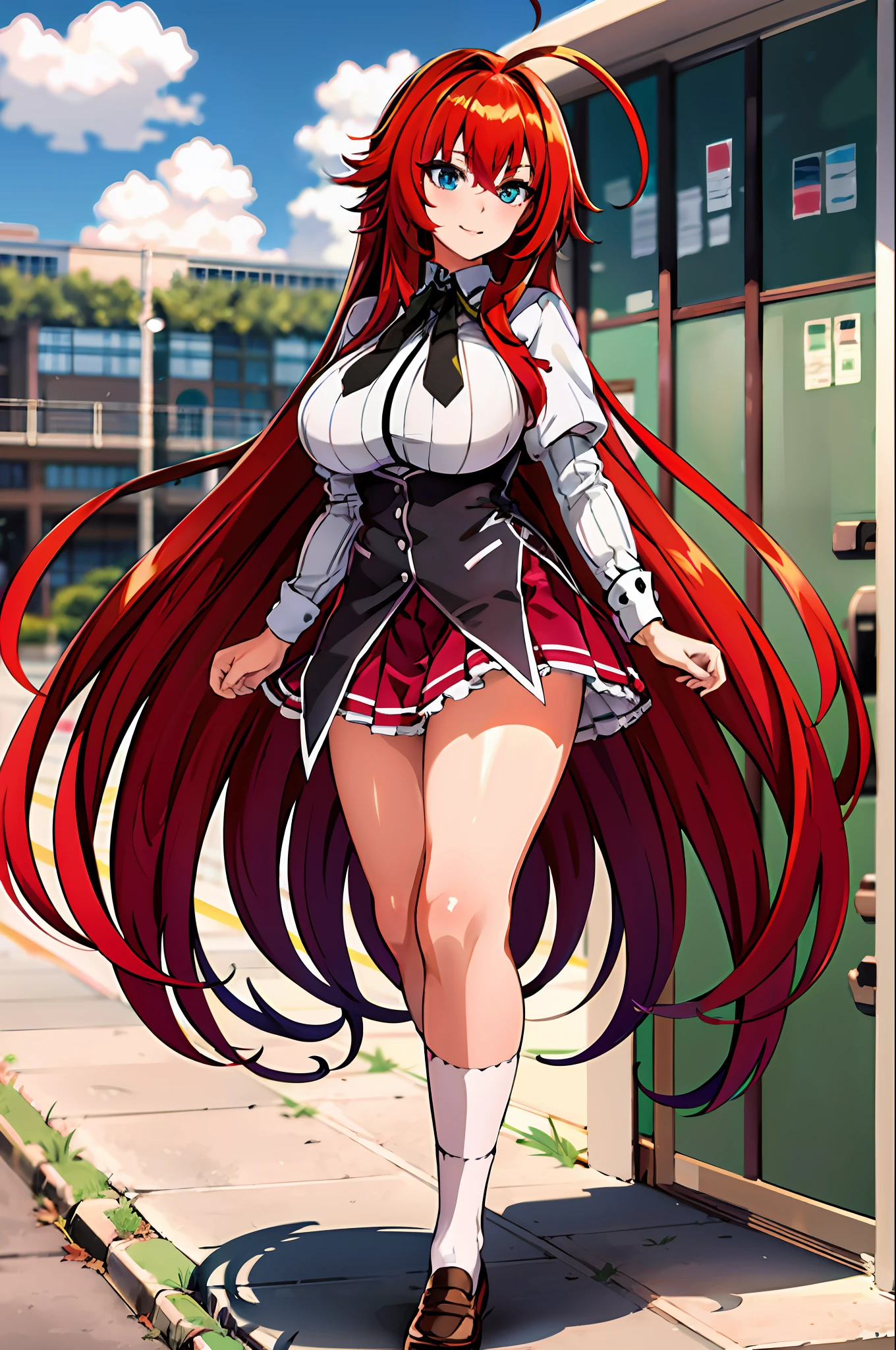 masterpiece, best quality, highres, best quality, highres, rias gremory, 1girl, long hair, school uniform, red hair, ahoge, blue eyes, large breasts, very long hair,  medicbreasts, skirt, , socks, standing, outdoors,