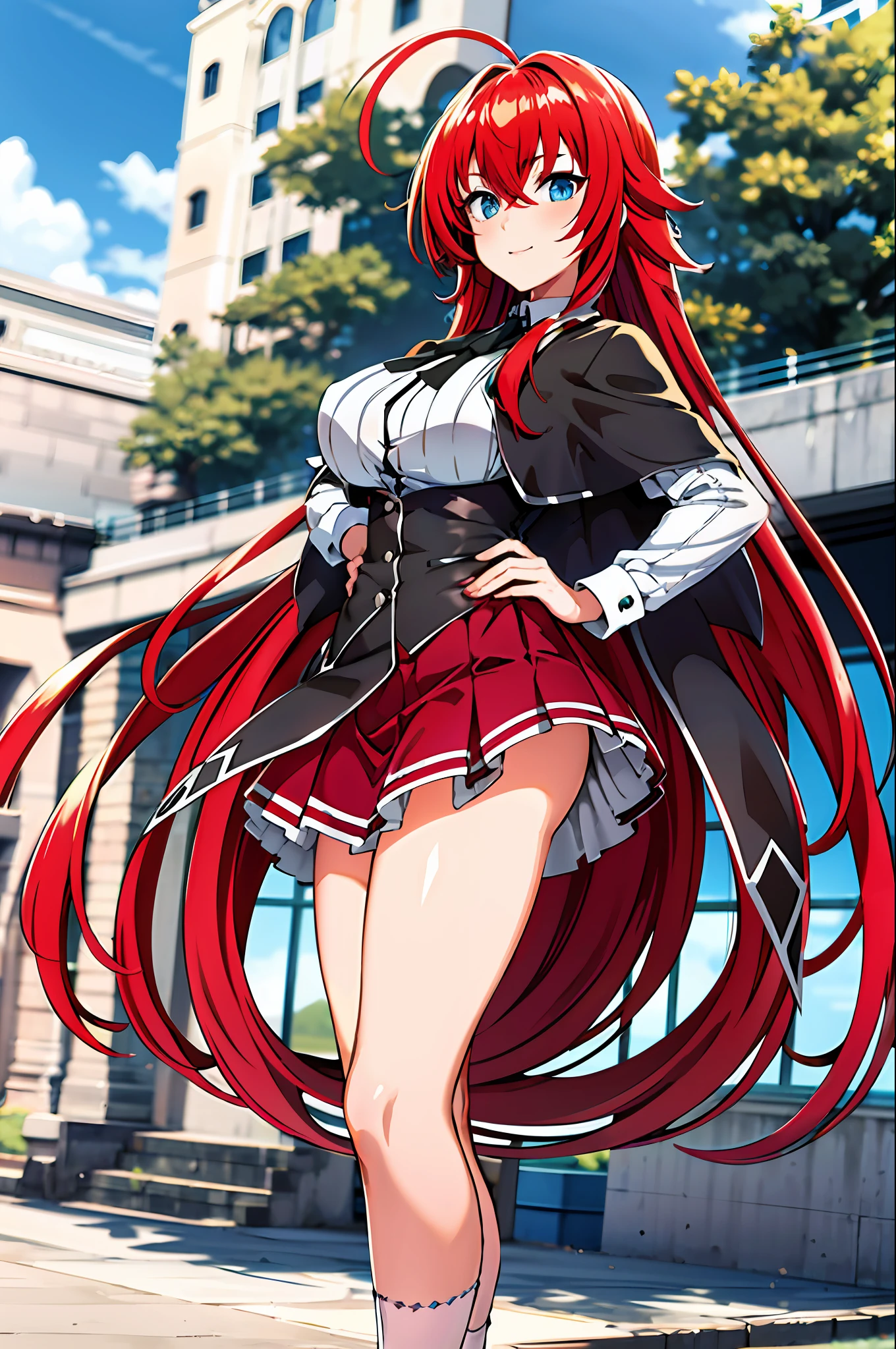 masterpiece, best quality, highres, best quality, highres, rias gremory, 1girl, long hair, school uniform, red hair, ahoge, blue eyes, large breasts, very long hair,  medicbreasts, skirt, , socks, standing, outdoors,