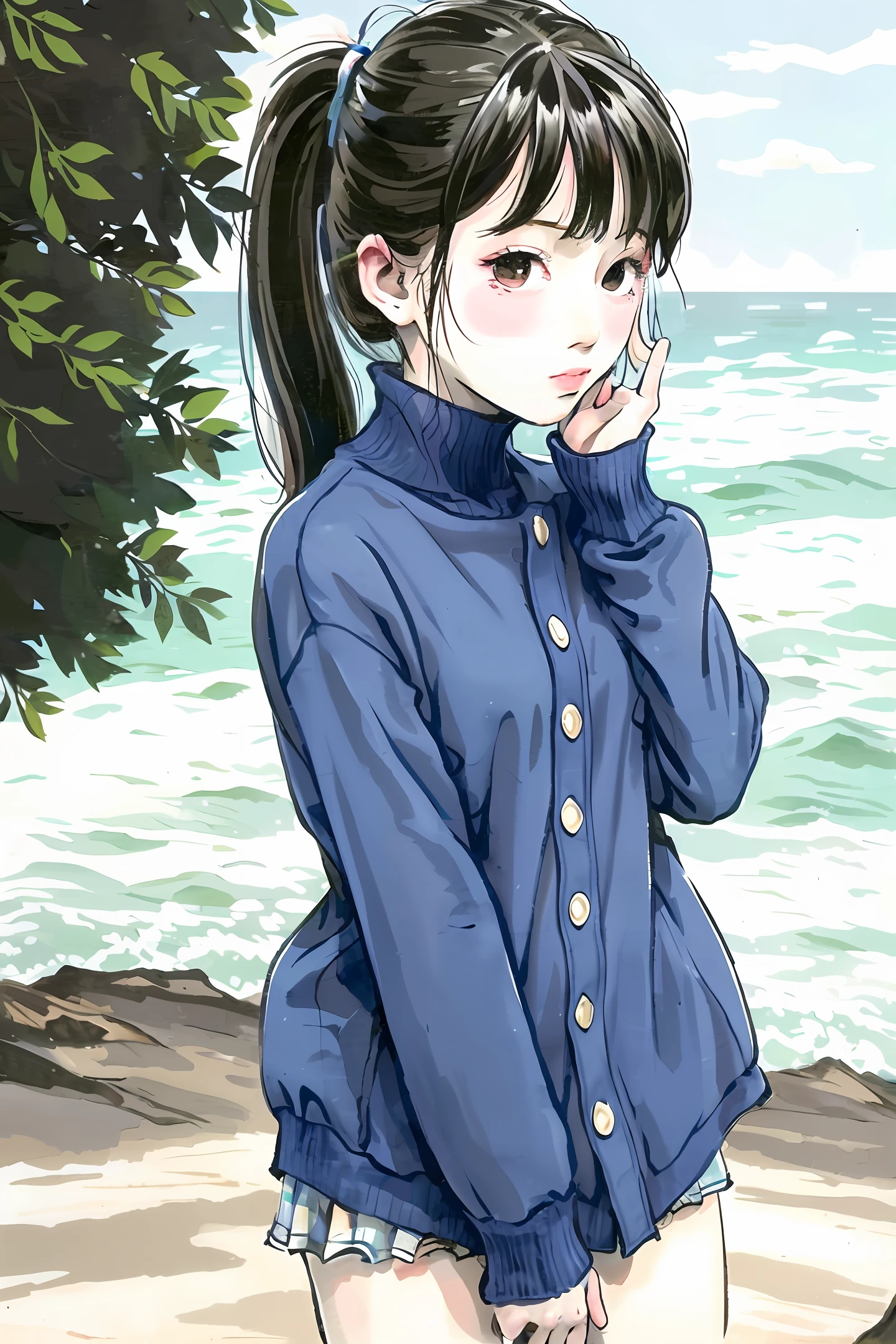 A beautiful girl with a double ponytail by the sea