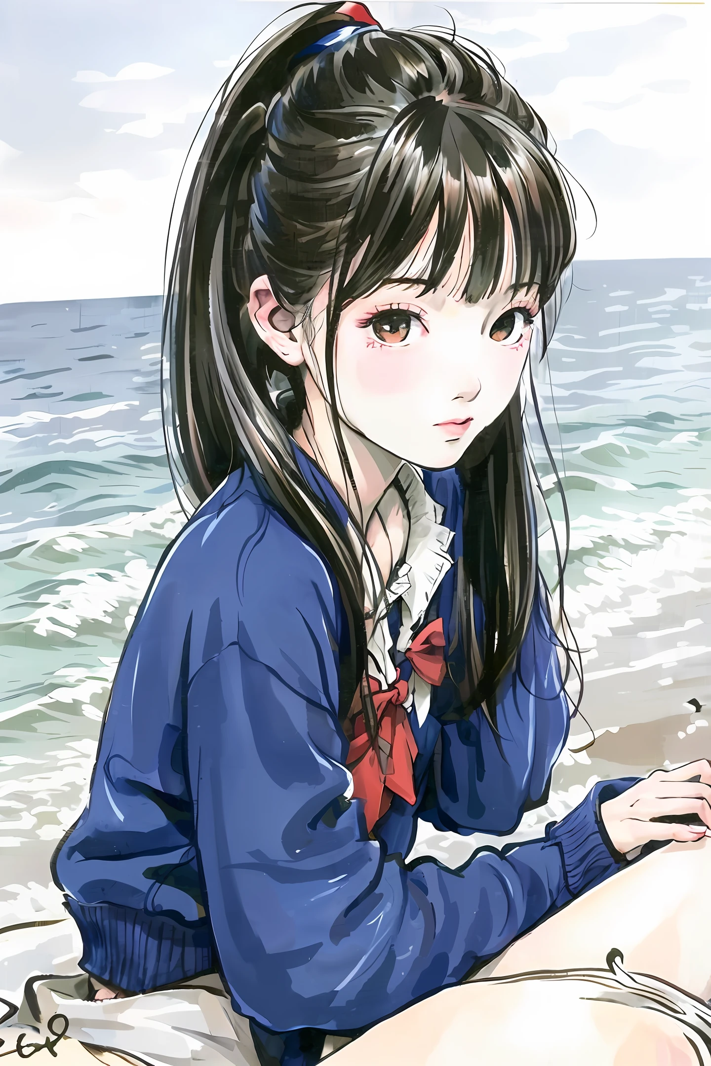 A beautiful girl with a double ponytail by the sea