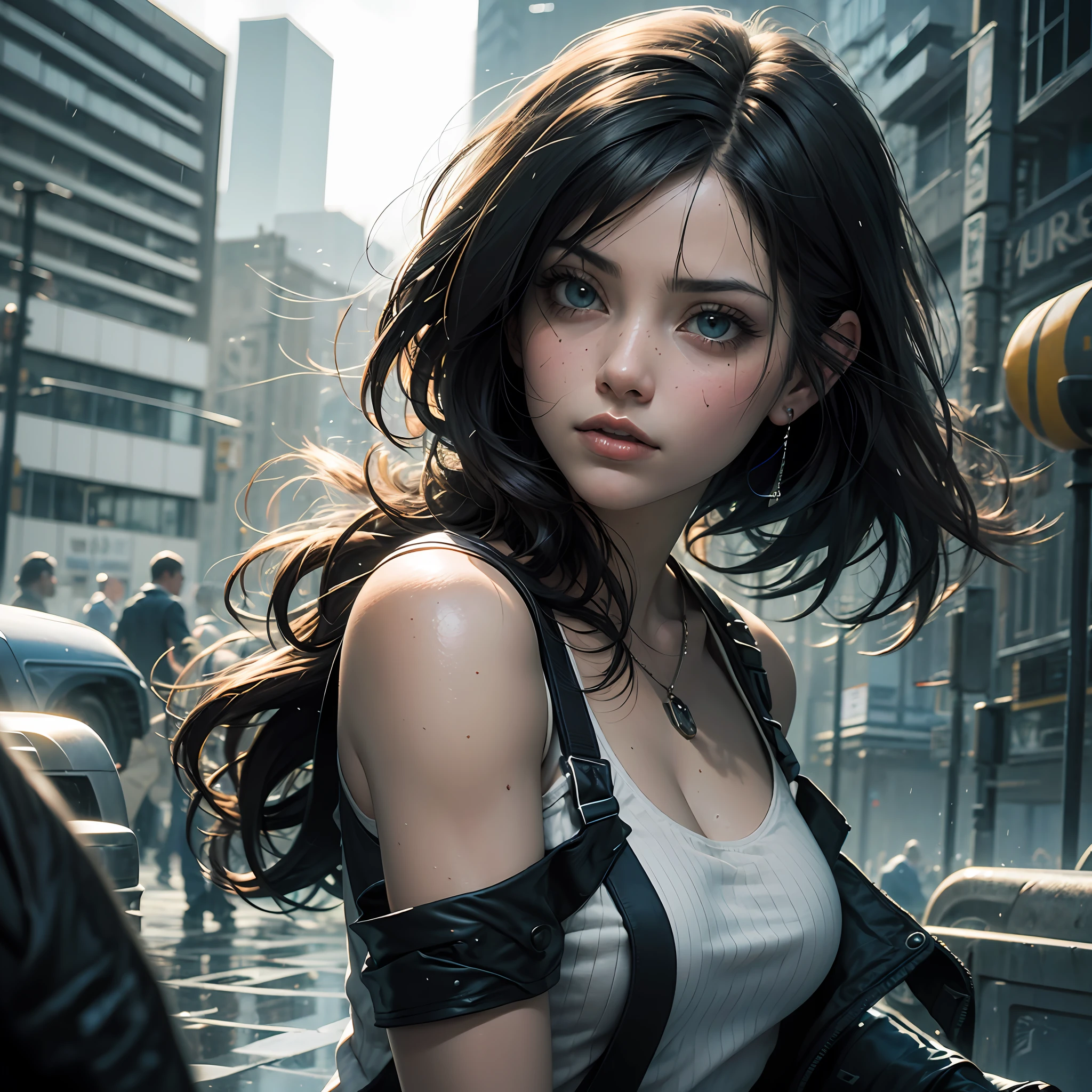 fotorrealista,Realistic illustration in Manga style,((Obra maestra)),((La mejor calidad)),((Ultra detallado)),((1girl)),((solamente)),((waifu:1.5)),Perfect anatomy,Lindo_cara,waifu Tifa Lockhart final fantasy 7 remake,ropa mojada,blusa blanca,Minifalda negra,Calcetines negros,rojo_ojos,cabello ondulado,delineador,Maquillaje lindo,((Ojos detallados perfectos )),Ciudad Cyberpunk,lluvia afuera,noche,((Extremadamente CG Unidad 8K Fondo de pantalla)),Detalles intrincados,Extremely beautiful and aesthetic,Renderizado de octanaje,Retrato de cuerpo entero,damp skin,((Cuerpo detallado perfecto)) --auto