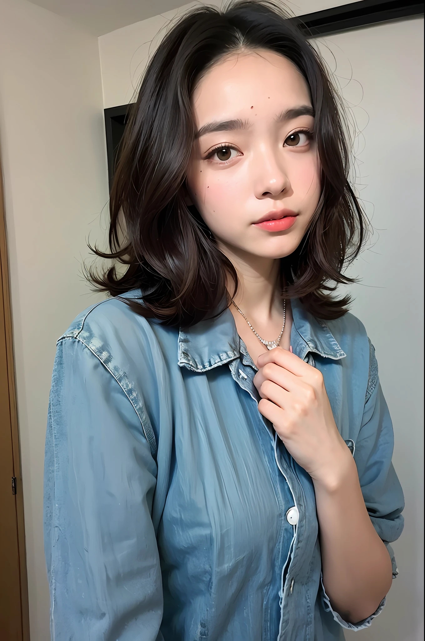 (corpo altamente detalhado, rosto altamente detalhado, melhor qualidade: 1.2), uma mulher, olhar para o espectador, (moletom, (Background Studio photo graphic: 1.4)Photo Studio, cabelo amarrado, selfie,colar,