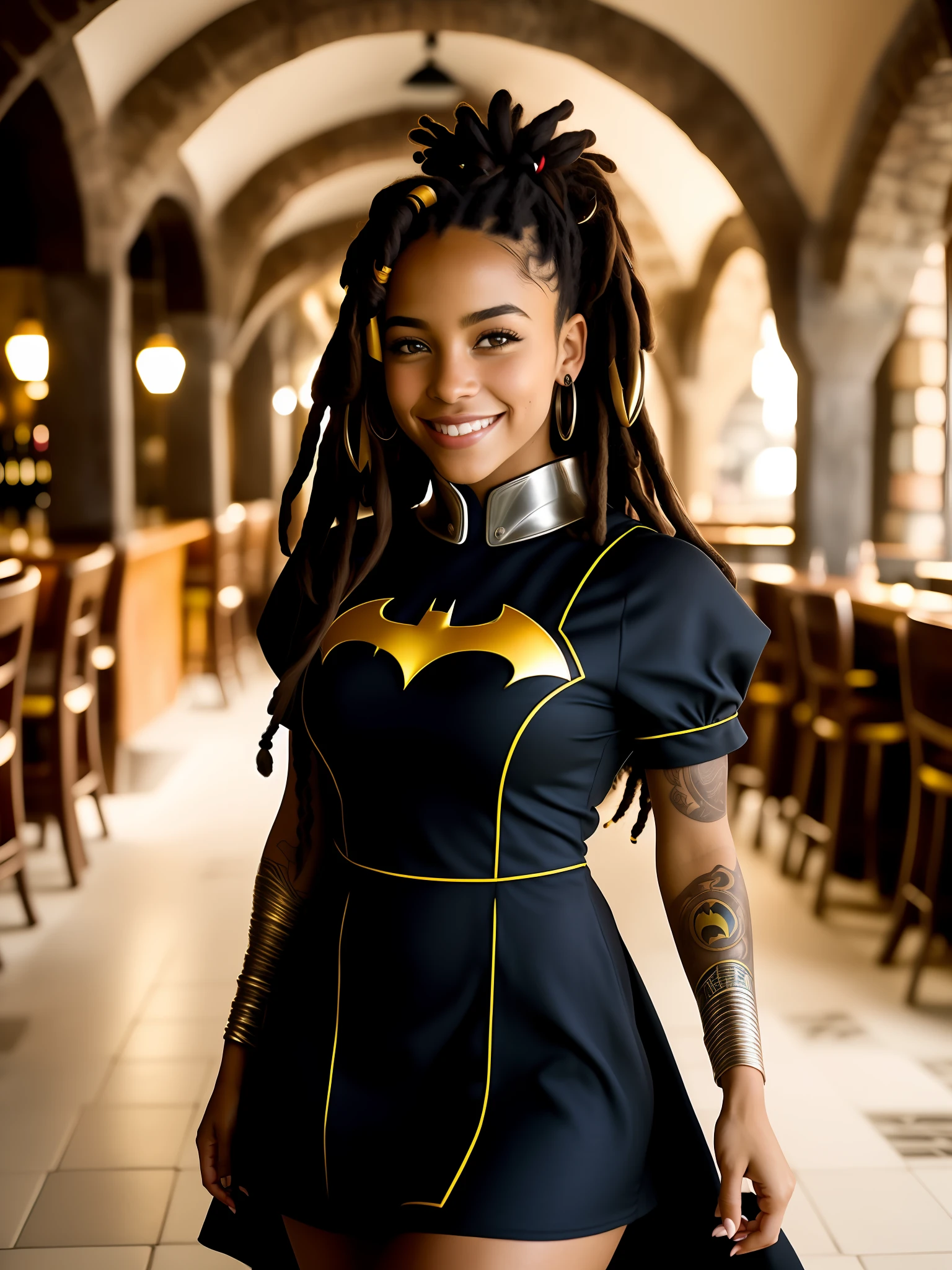 uma foto de retrato de uma ****** negra, sorrindo, tatuagem, dreads azuis, (vestido amadura)++++, vestido armadura do Batman, pronounced female feature, detalhes insanos, detalhes intrincados, hiperdetalhado, fundo complexo, taverna medieval, interior