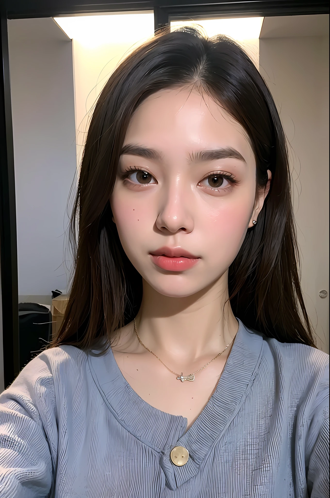 (corpo altamente detalhado, rosto altamente detalhado, melhor qualidade: 1.2), uma mulher, olhar para o espectador, (moletom, (Background Studio photo graphic: 1.4)Photo Studio, cabelo amarrado, selfie,colar,