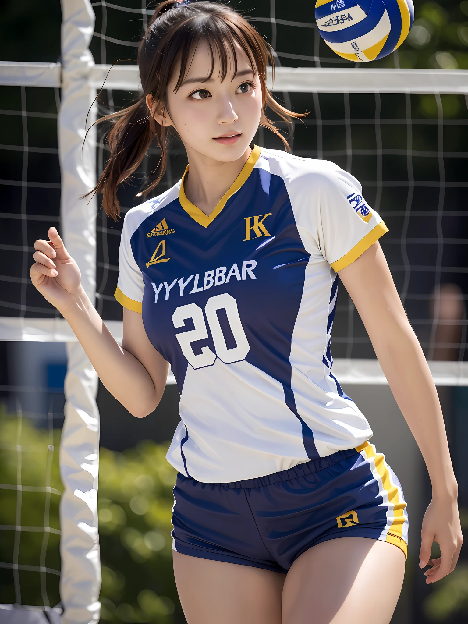 8K,RAW portrait of japanese girl,Photorealistic,超A high resolution,Best Quality,8K, masterpiece, Textured skin, Super Detail, high details, High quality, hight resolution、Korean Idol、Nogizaka Idol、hposing Gravure Idol、(Young girls:1.3),(Looking away:1.3)
BREAK
(Volleyball player,Volleyball uniform:1.1),Indoor,(Soft breasts),sport short pants,(dynamic compositions:1.1),(Sweat,Shiny skin:1.2)
BREAK
(Natural Skin Texture,Detailed skin, Hyper-Realism,ultra sharpness),Intricate details,depth of fields,(Bright lighting:1.2),、Korean Idol、Nogizaka Idol、hposing Gravure Idol、