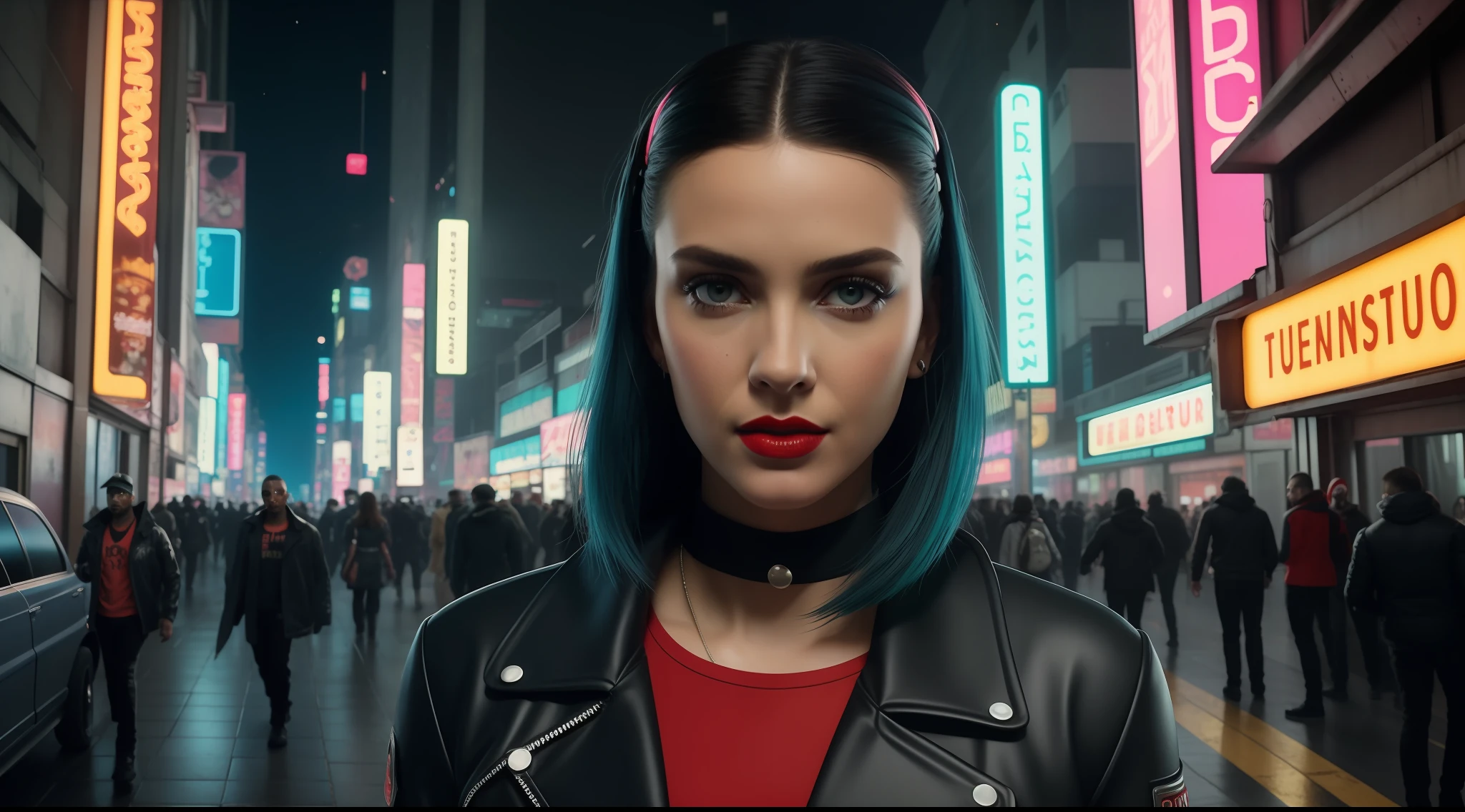 Close-up, uma supermodelo russa loira muito bonita com quadris muito largos e cintura estreita, full lips, cintura pequena e quadris grandes, Red lipstick, com roupas cyberpunk em uma cidade cyberpunk movimentada com placas de neon, blade runner aesthetics, neon lights, foco nítido, Studio photo, detalhes intrincados, altamente detalhado, profundidade de campo, foco nítido, High detail, textura de pele realista, Realistic, fotorrealista, arte digital, pintura fosca, Directed by: Greg Rutkowski