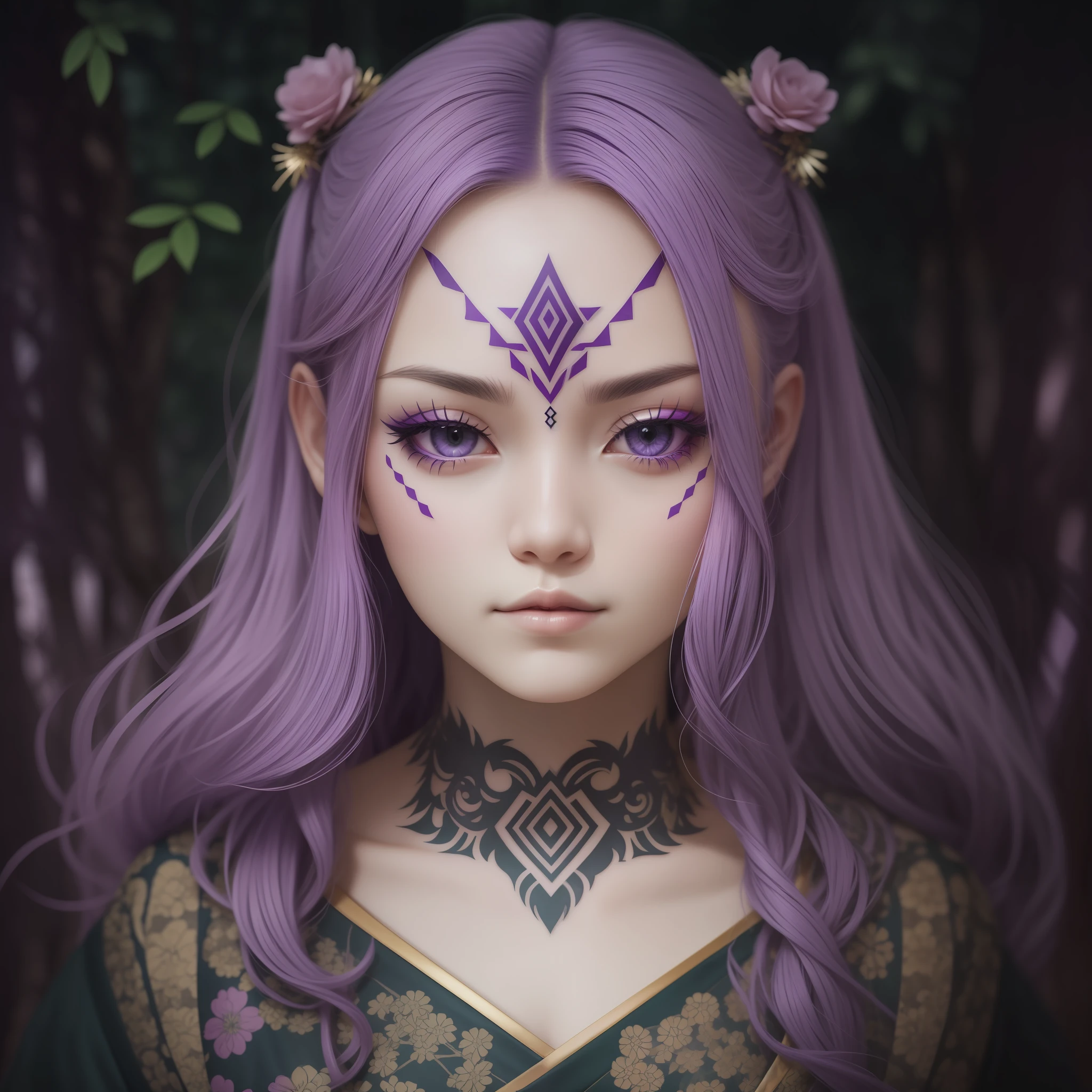 purple symmetrical geometrical forehead tattoo, purple glow, purple eyes, purple hair, close-up, head shot, traditional japanese clothing, forest background