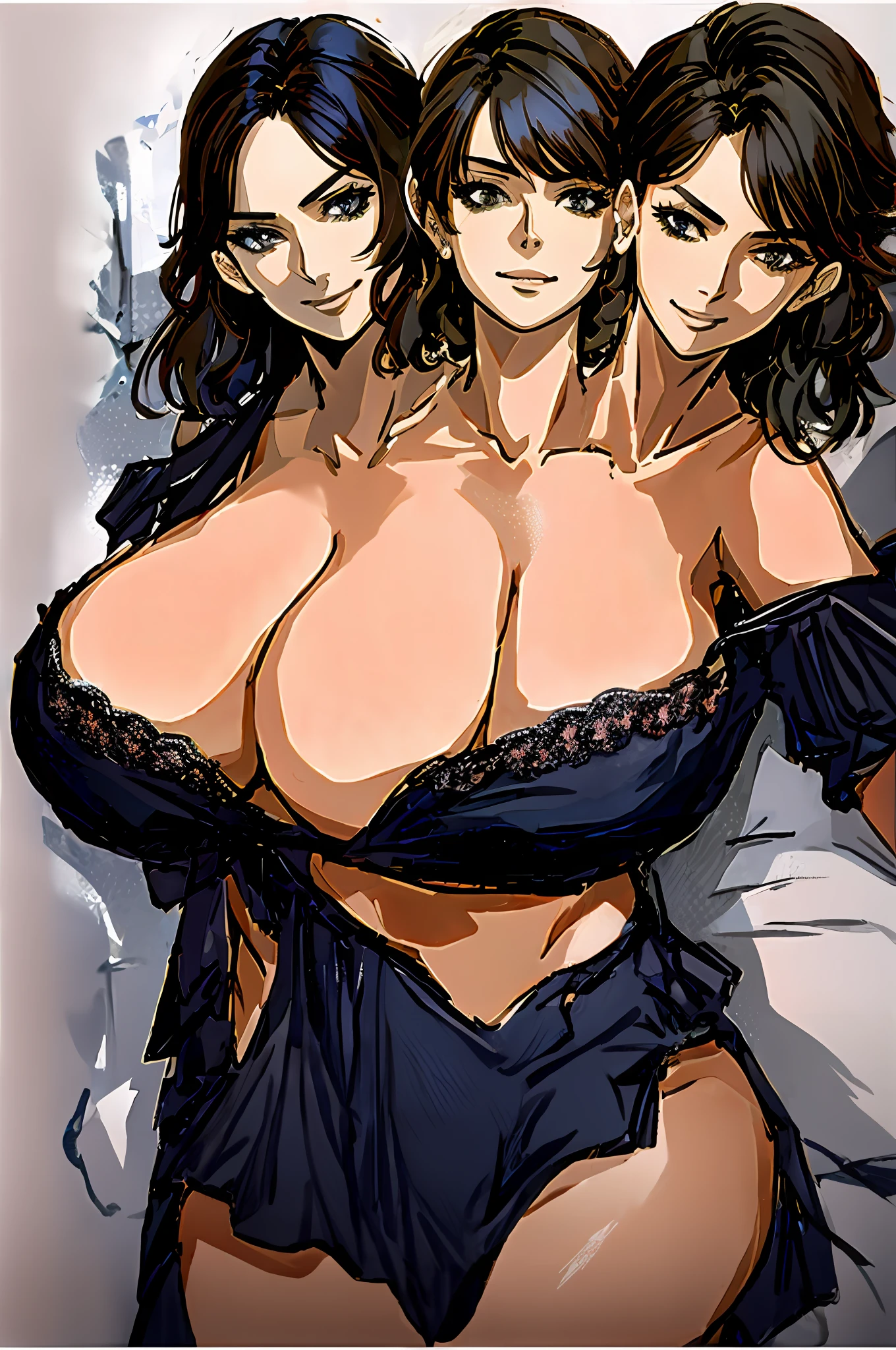 2heads, a mature woman with 2 heads. She is laying in a bedroom. She is wearing pajamas. She looks seductive. She has massive breasts. He is inviting. She has huge boobs.